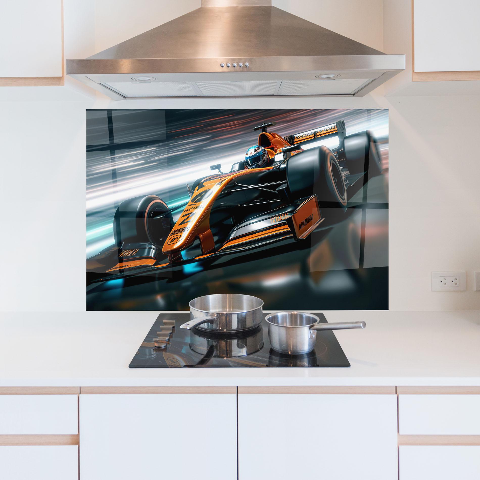 Konyhai üveg hátfal Orange F1 Car mockup 5