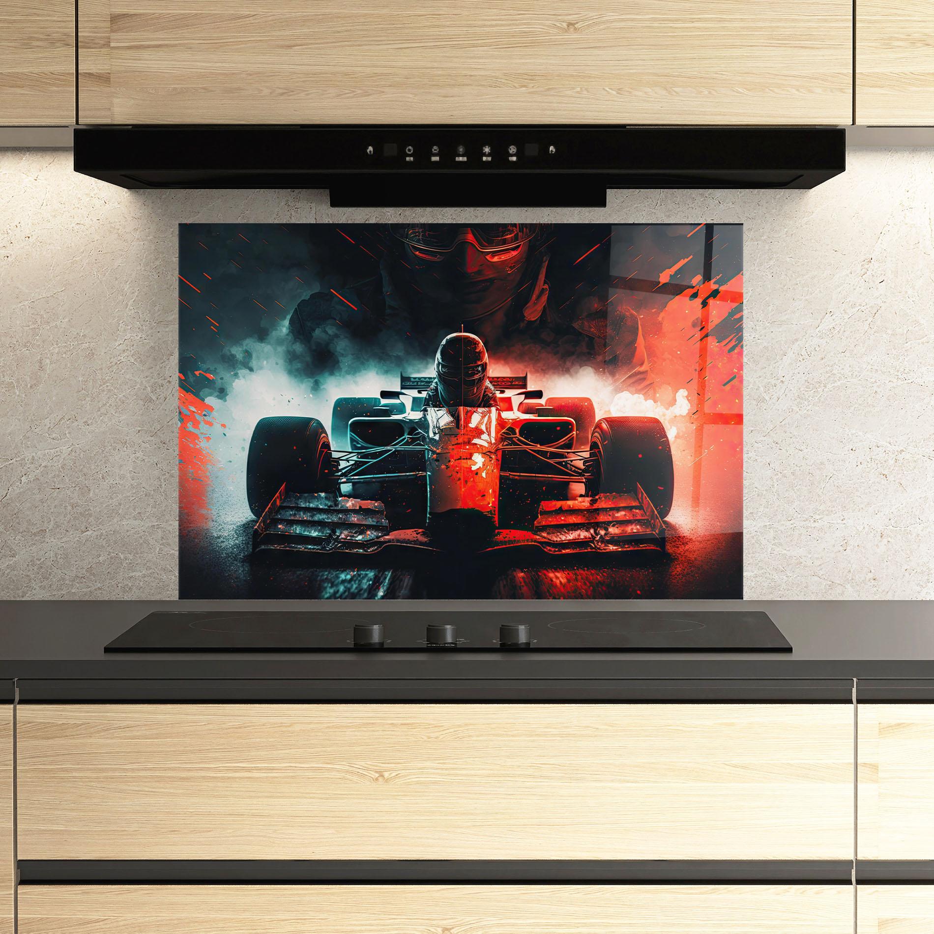 Konyhai üveg hátfal Blue Red F1 mockup 3