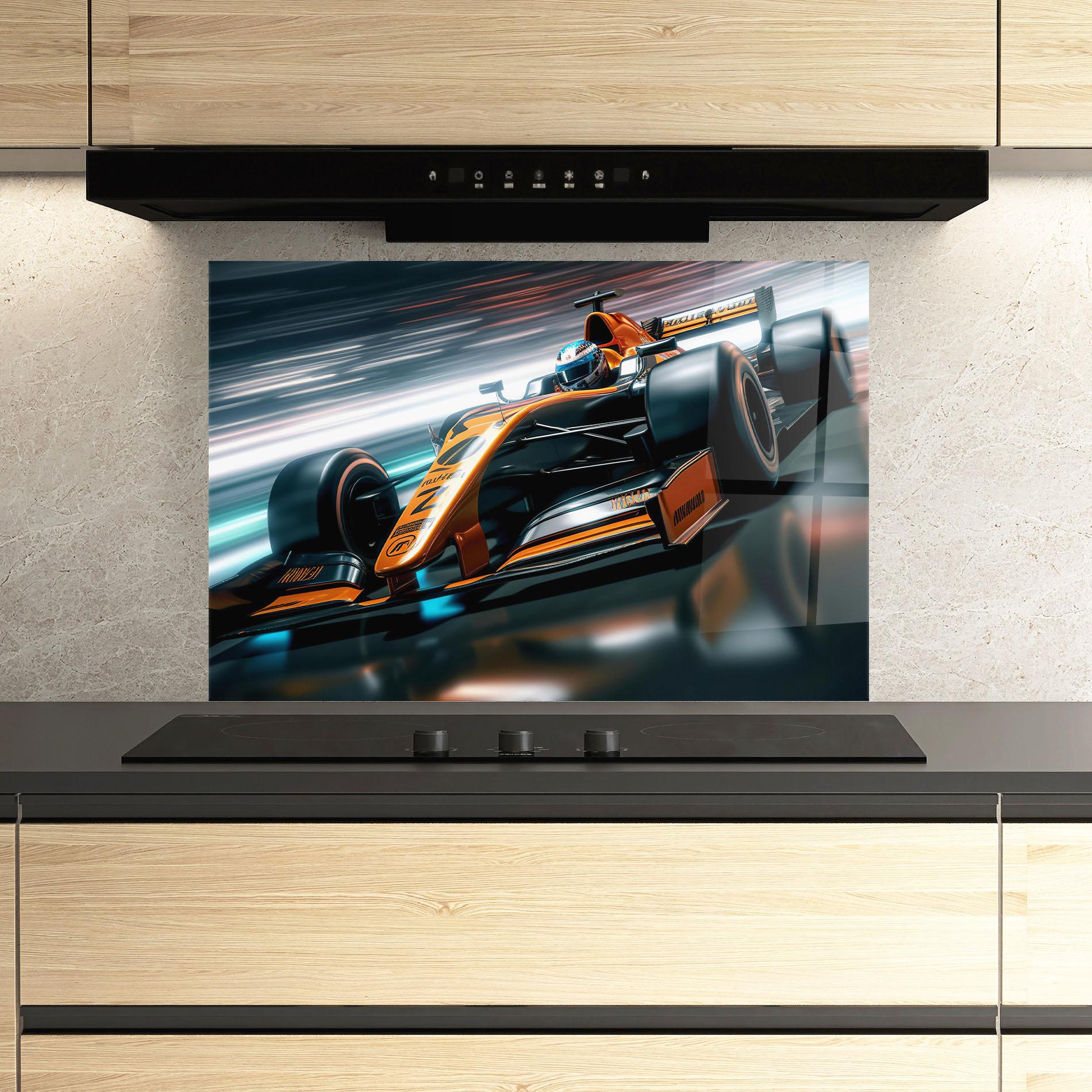 Konyhai üveg hátfal Orange F1 Car mockup 3