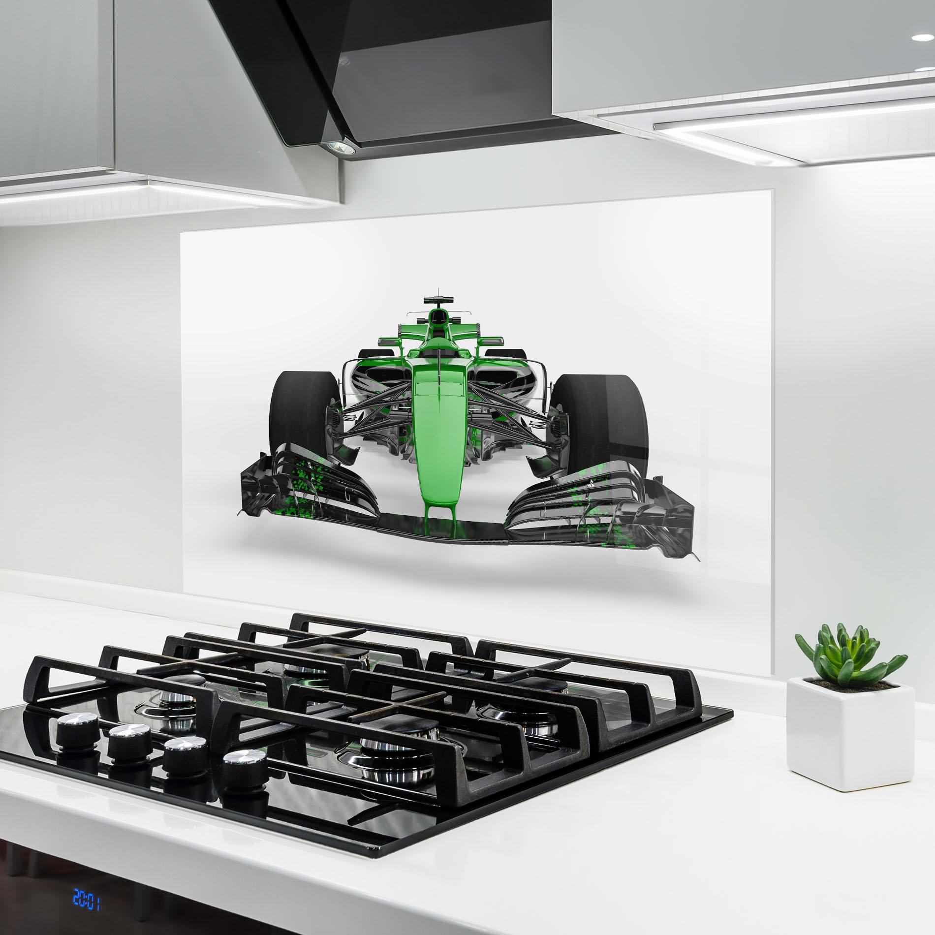 Konyhai üveg hátfal Green F1 Car mockup 6
