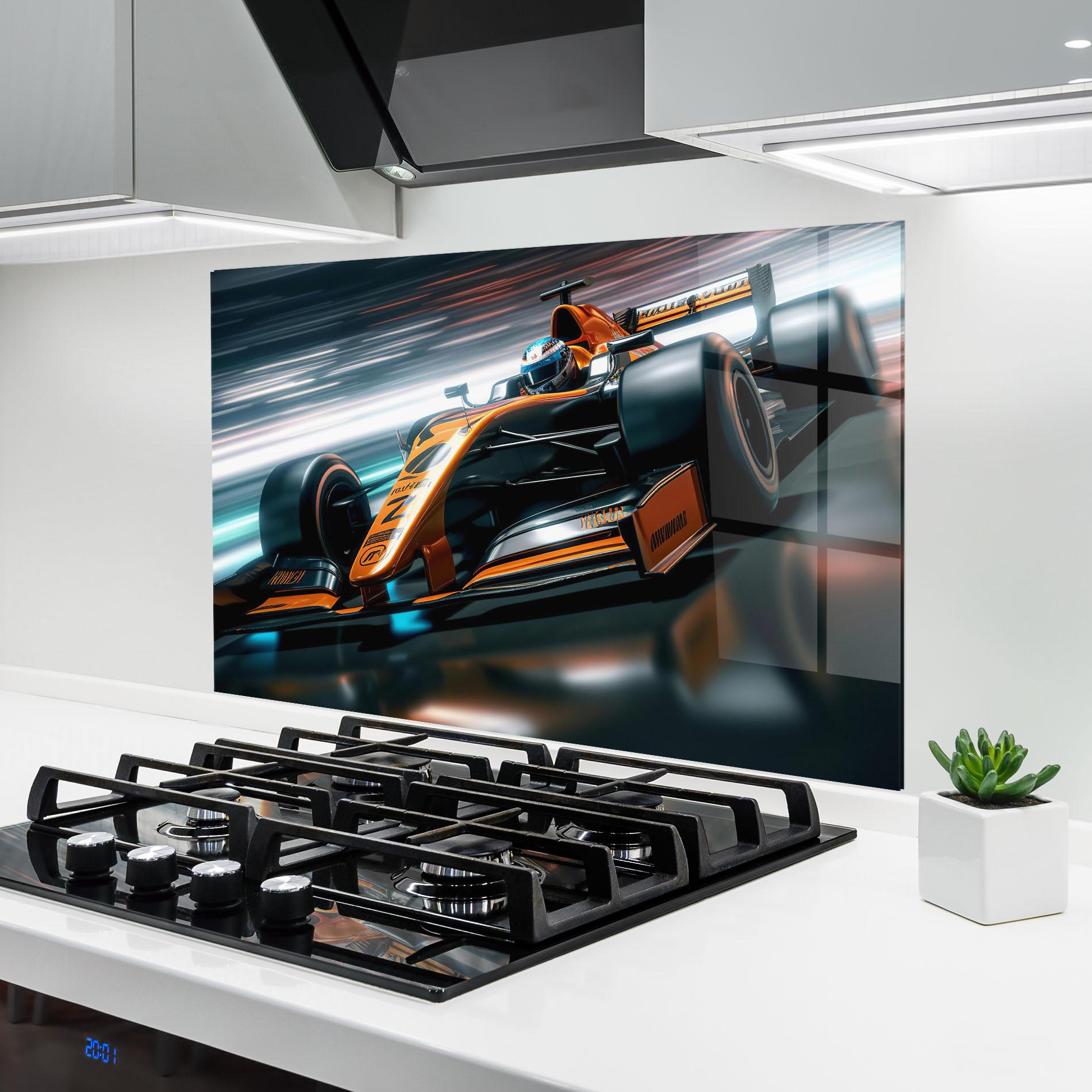 Konyhai üveg hátfal Orange F1 Car mockup 6