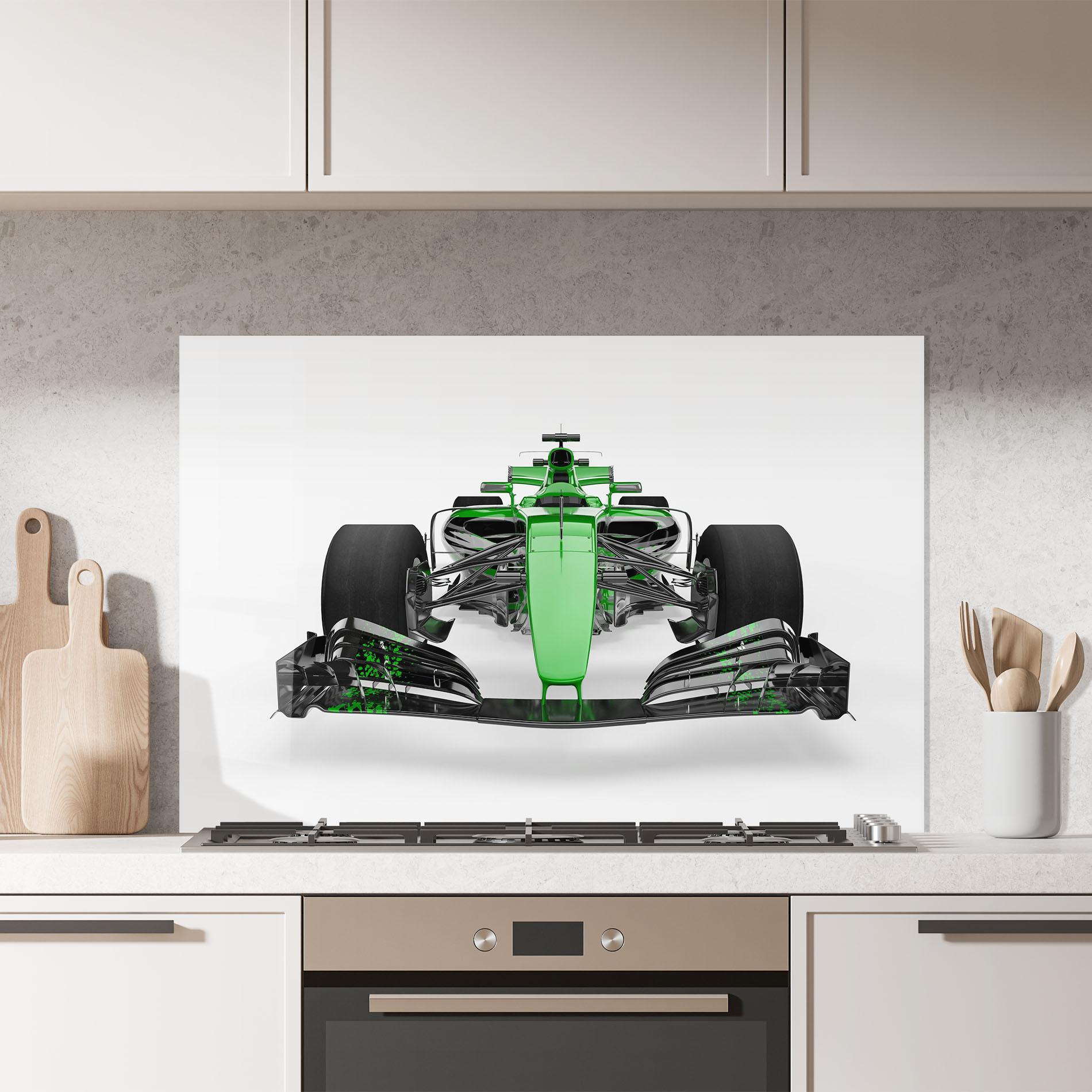 Konyhai üveg hátfal Green F1 Car mockup 7