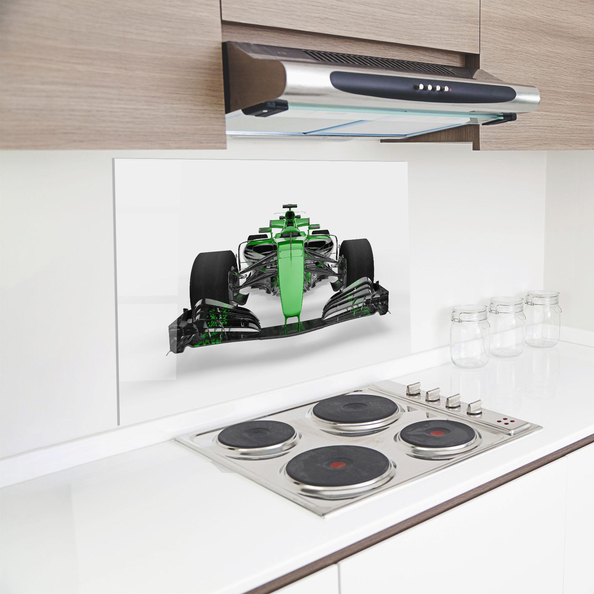 Konyhai üveg hátfal Green F1 Car mockup 8