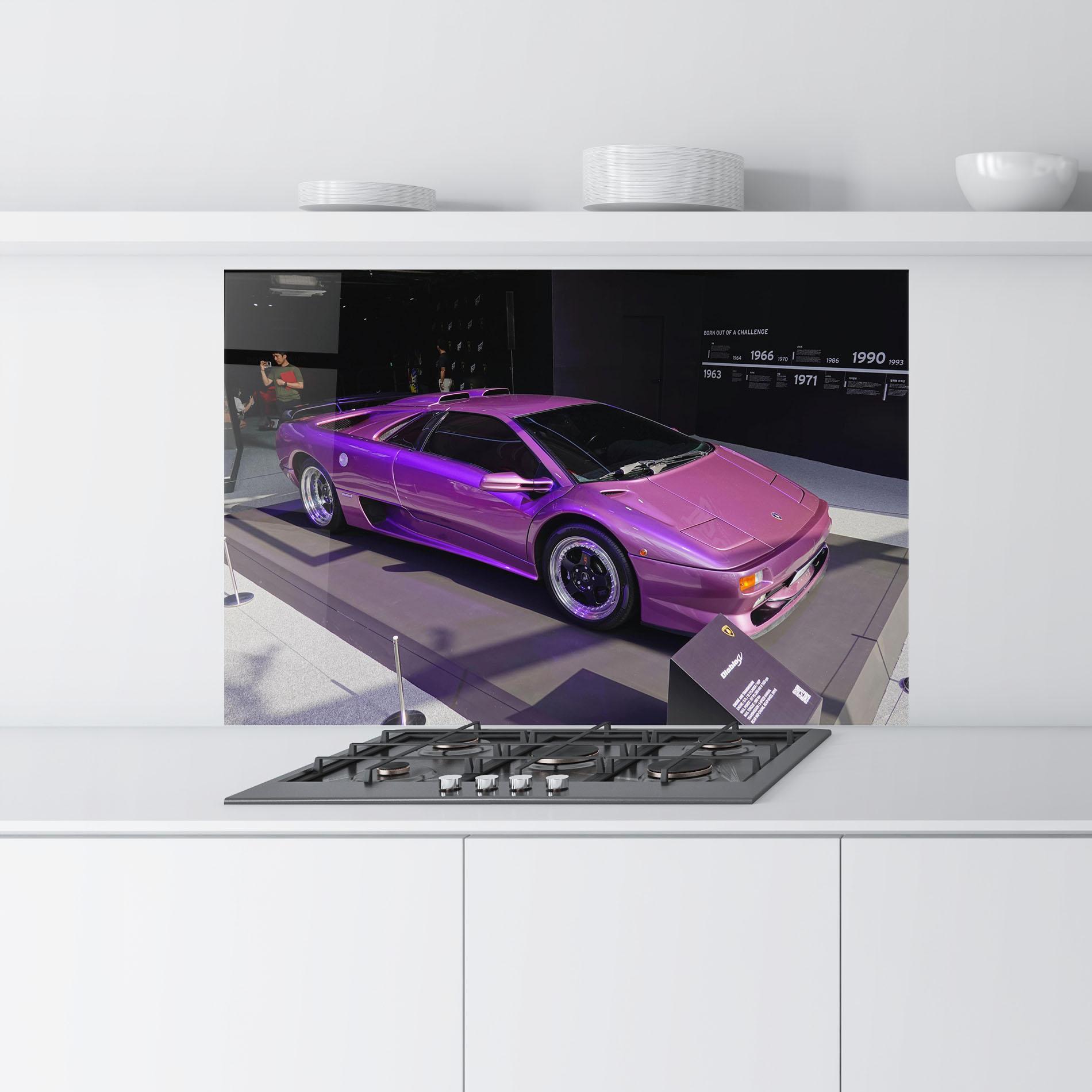 Konyhai üveg hátfal Purple Lambo mockup 9