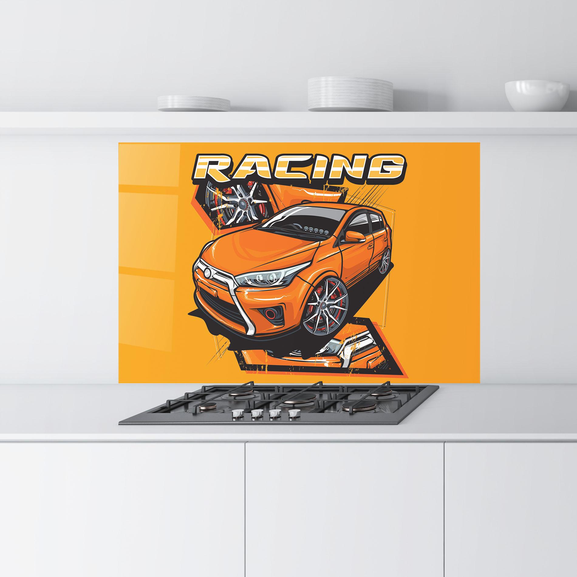 Konyhai üveg hátfal Racing Orange Car mockup 9