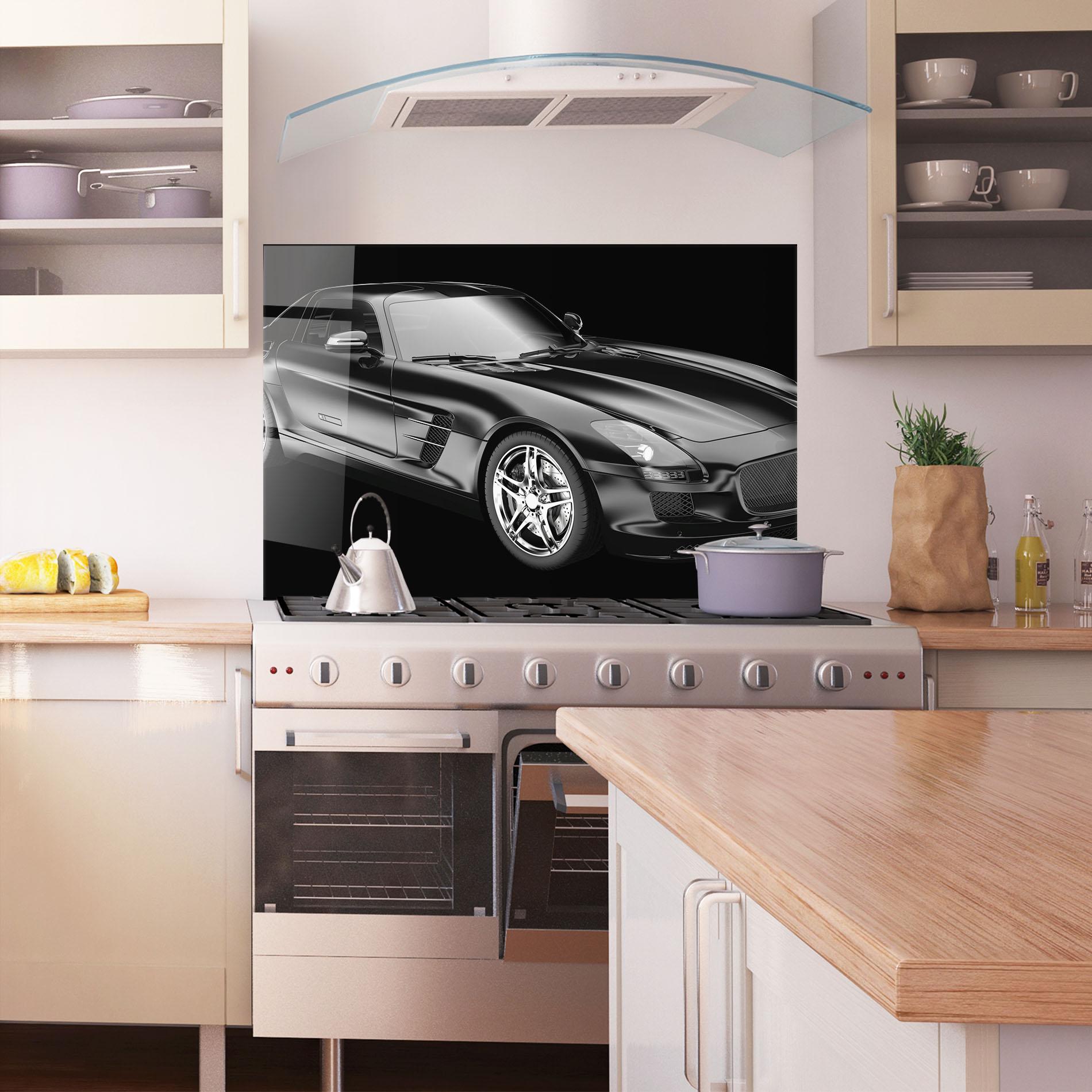 Konyhai üveg hátfal Black Matte Mercedes mockup 1