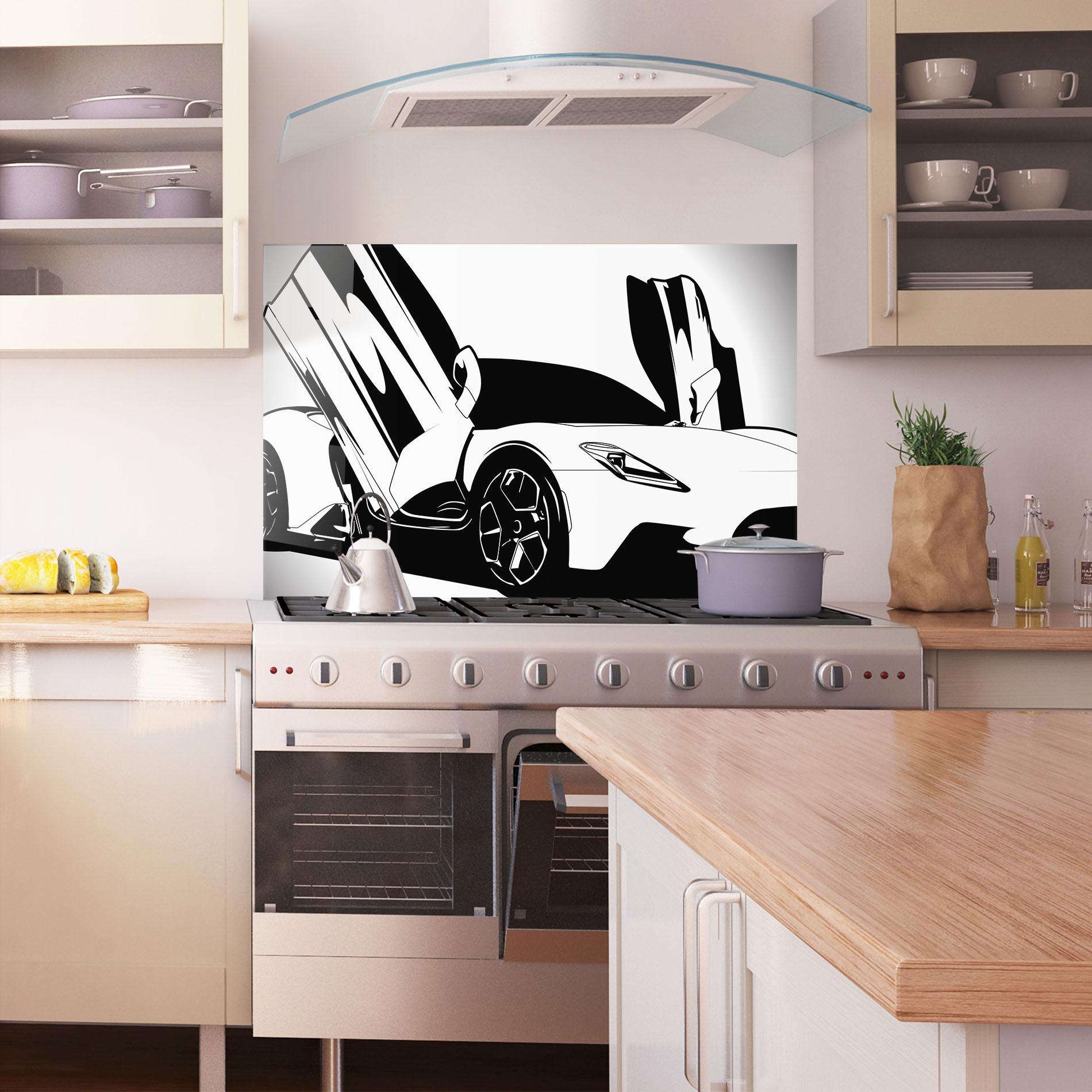 Konyhai üveg hátfal Black White Car mockup 1