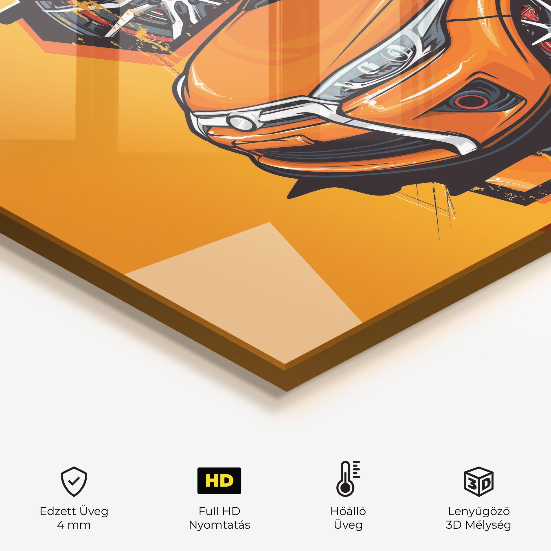 Konyhai üveg hátfal Racing Orange Car mockup 2