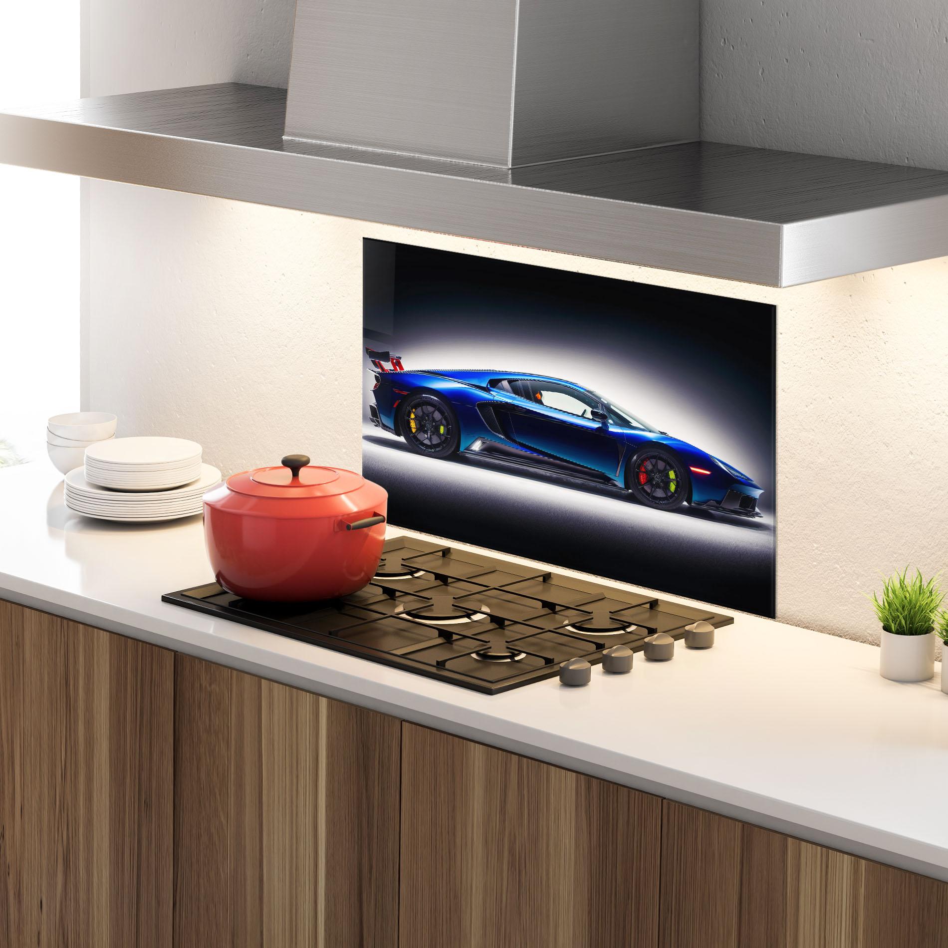 Konyhai üveg hátfal Blue Hypercar Side mockup 4