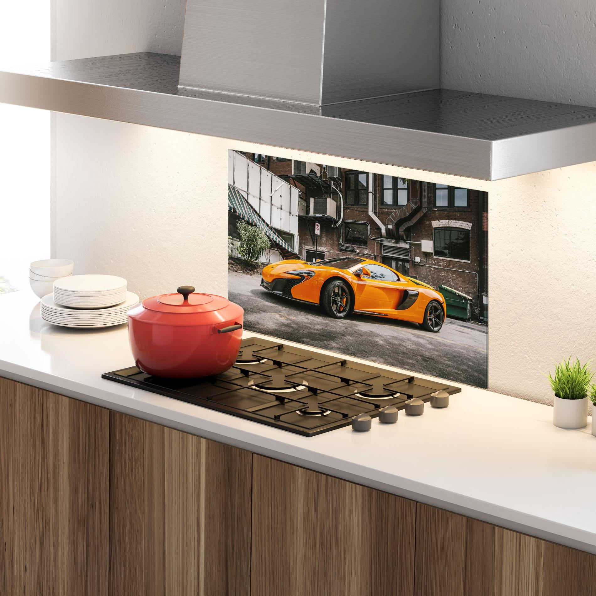 Konyhai üveg hátfal Orange Mclaren Photo mockup 4