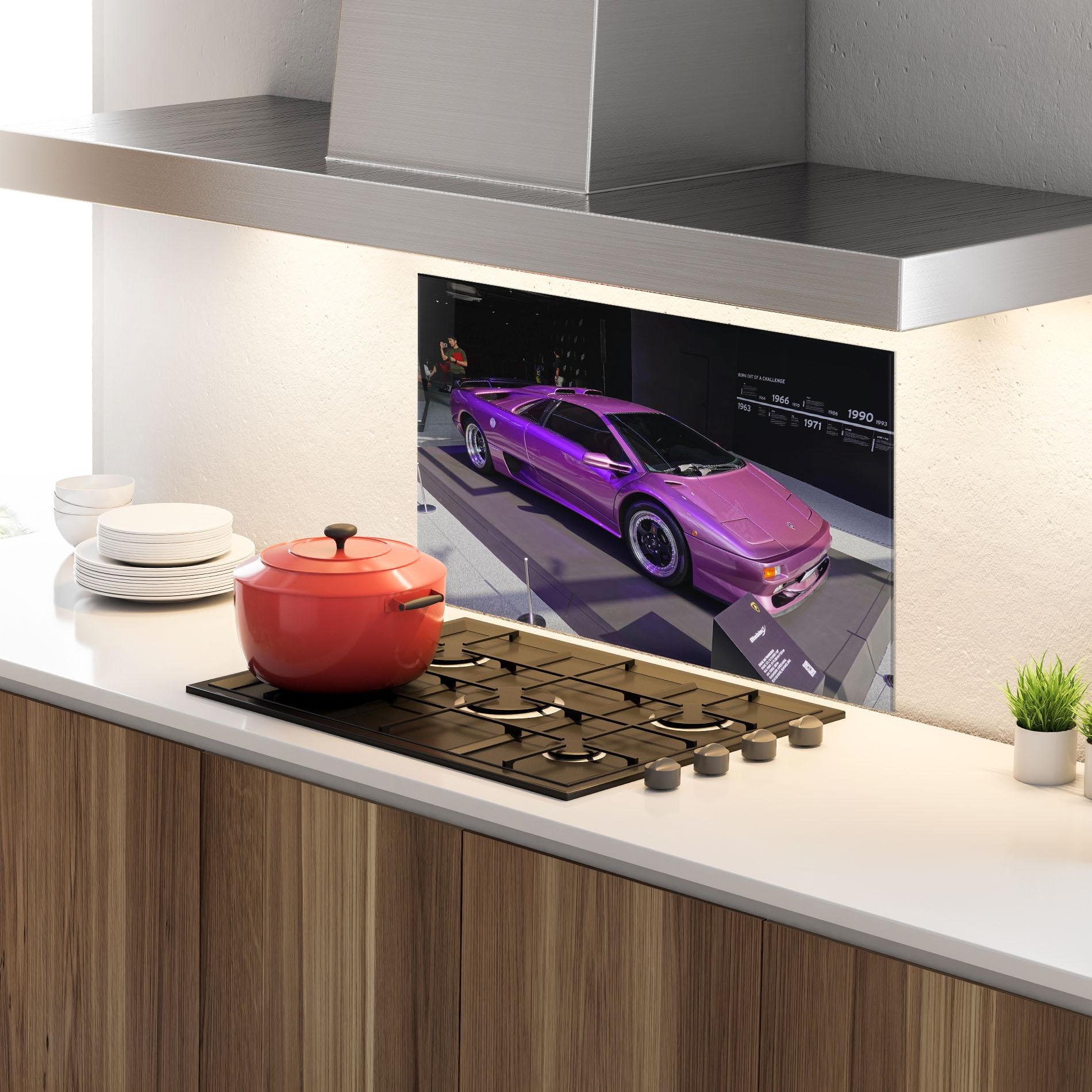 Konyhai üveg hátfal Purple Lambo mockup 4