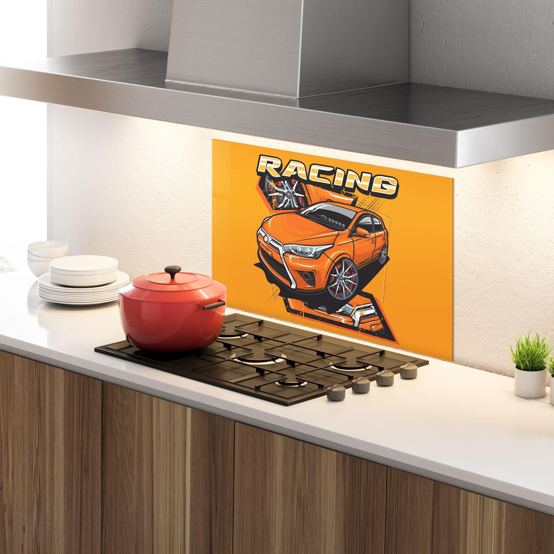Konyhai üveg hátfal Racing Orange Car mockup 4