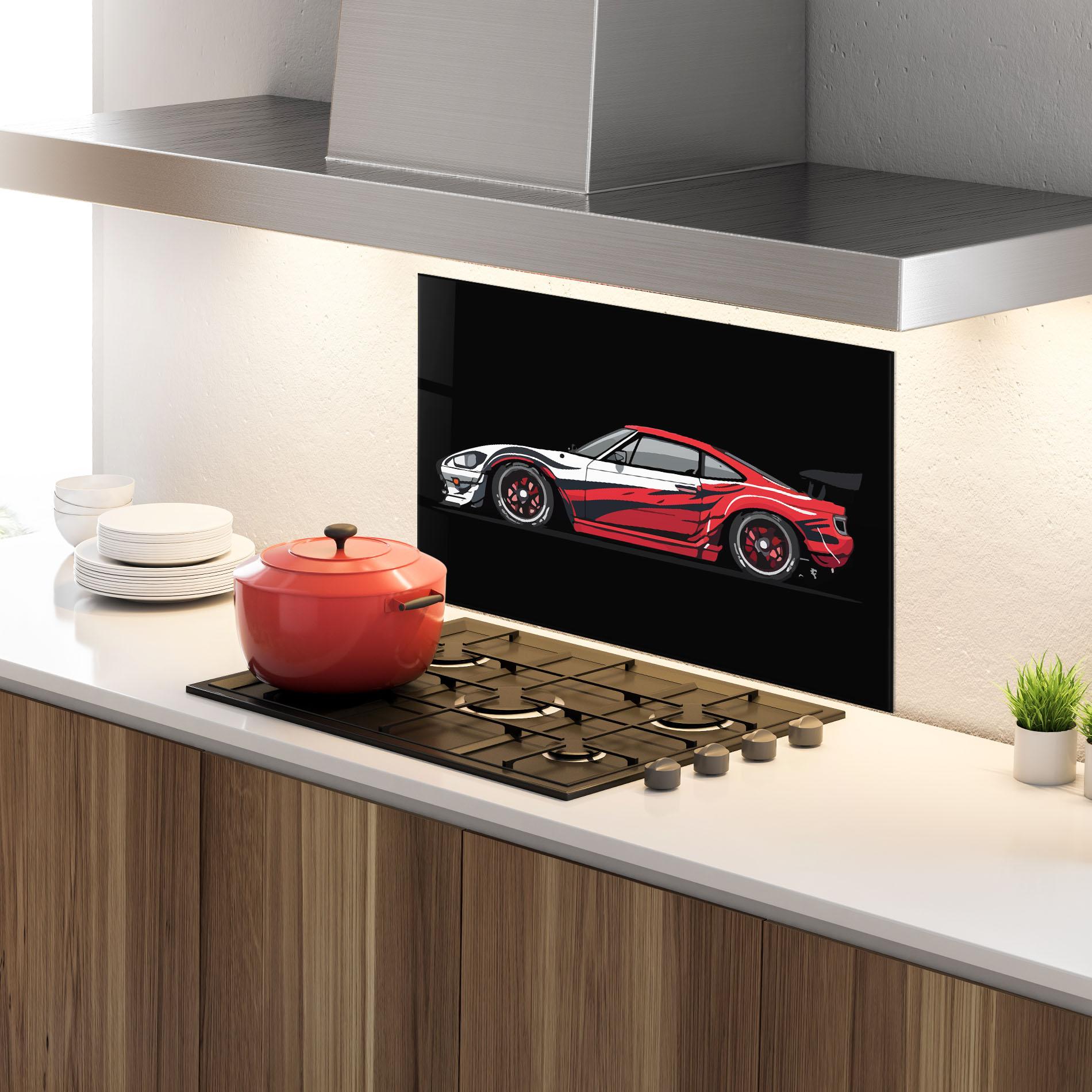 Konyhai üveg hátfal Red White Sport Car mockup 4
