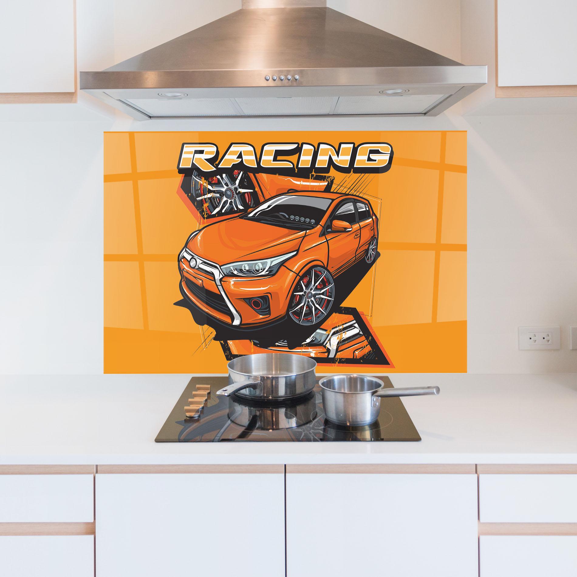 Konyhai üveg hátfal Racing Orange Car mockup 5