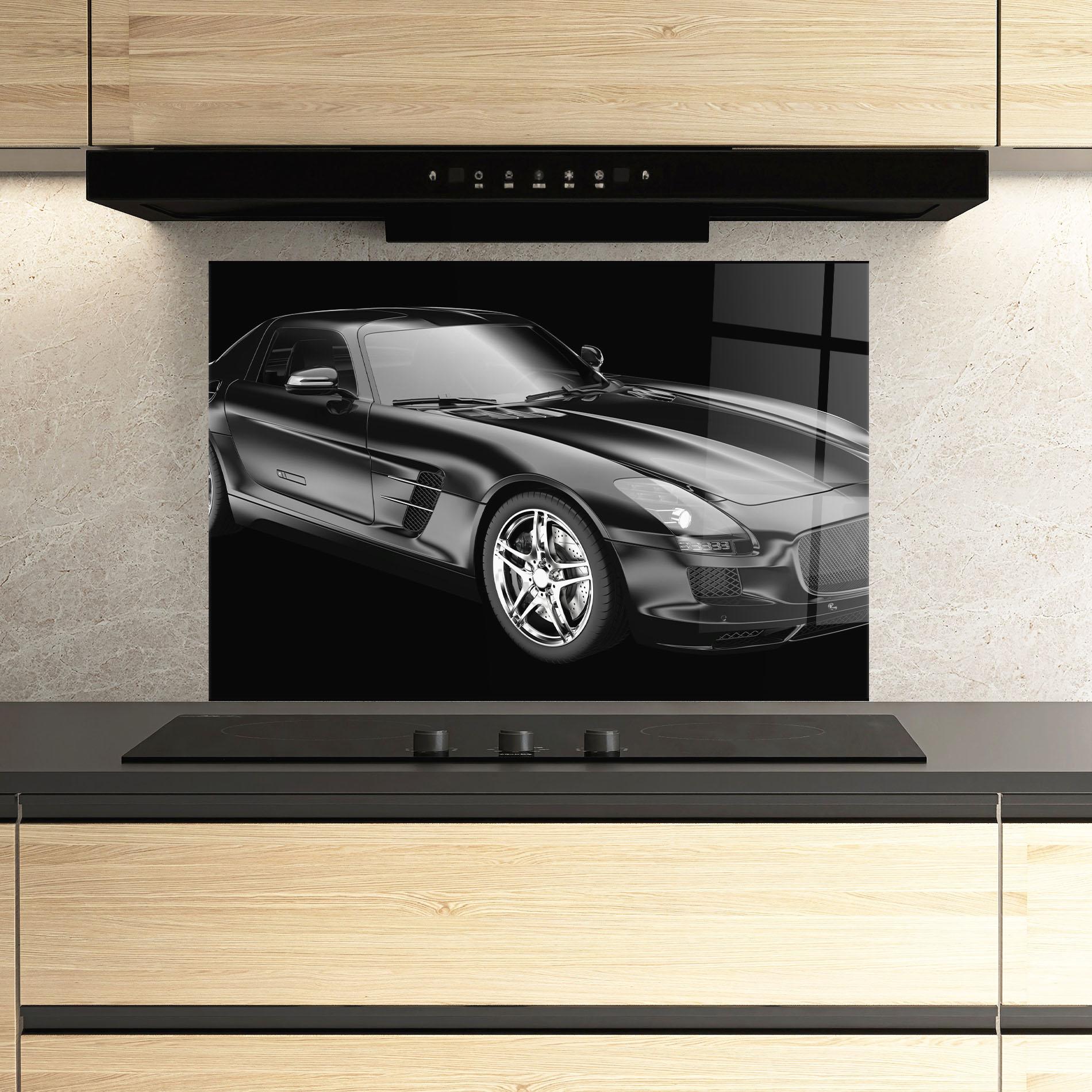 Konyhai üveg hátfal Black Matte Mercedes mockup 3