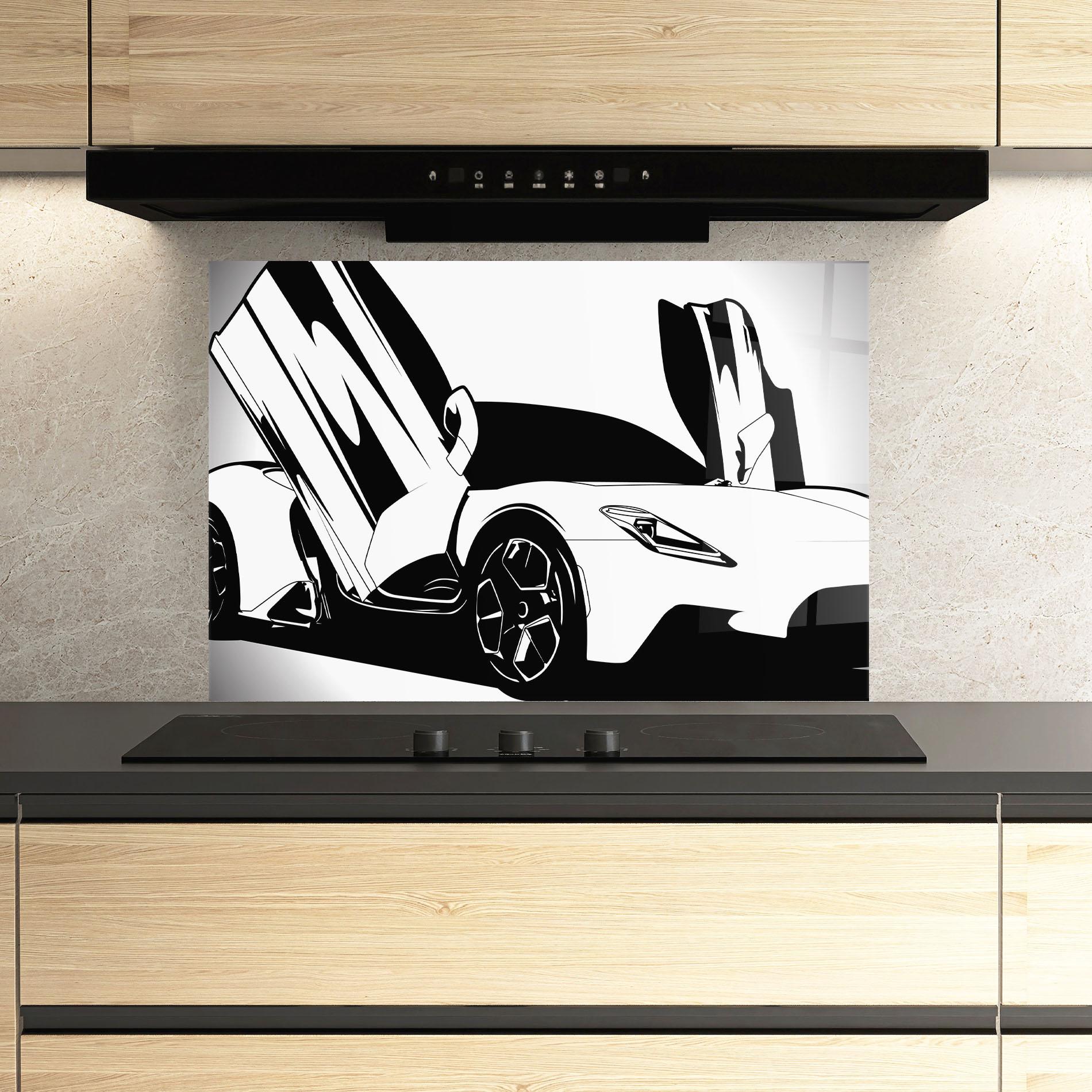 Konyhai üveg hátfal Black White Car mockup 3