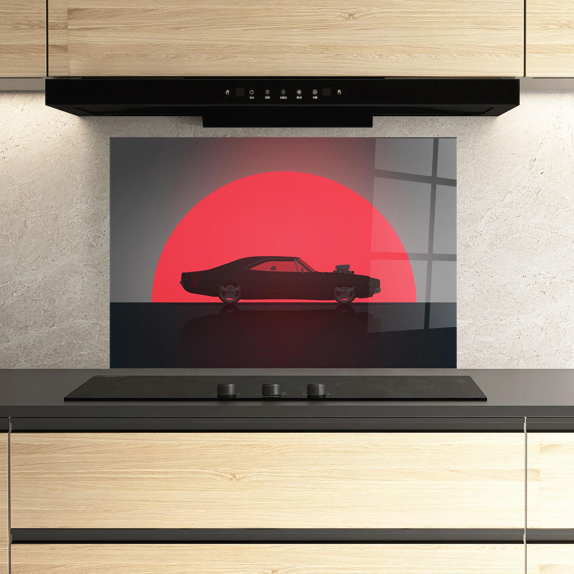 Konyhai üveg hátfal Red Sun Car mockup 3
