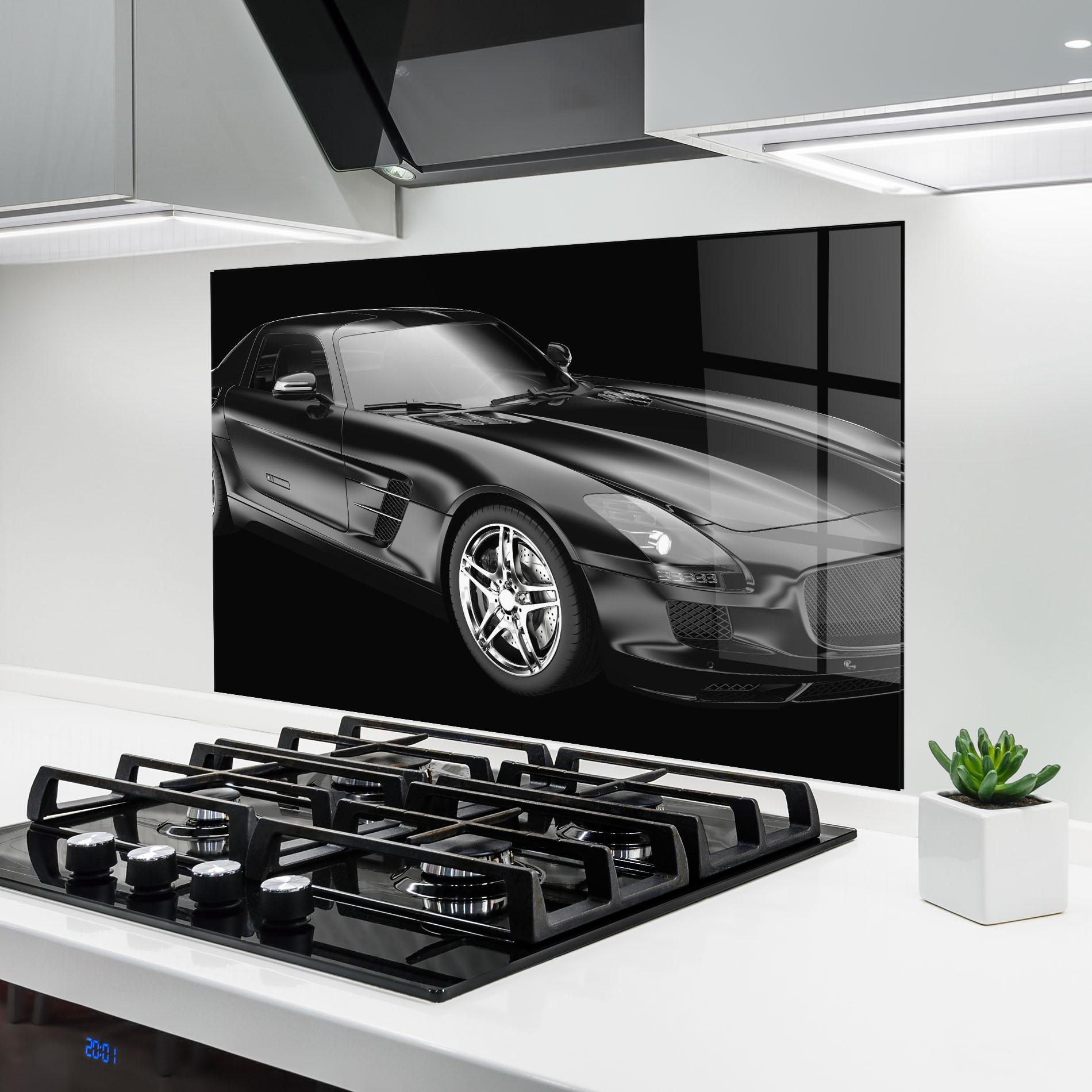 Konyhai üveg hátfal Black Matte Mercedes mockup 6