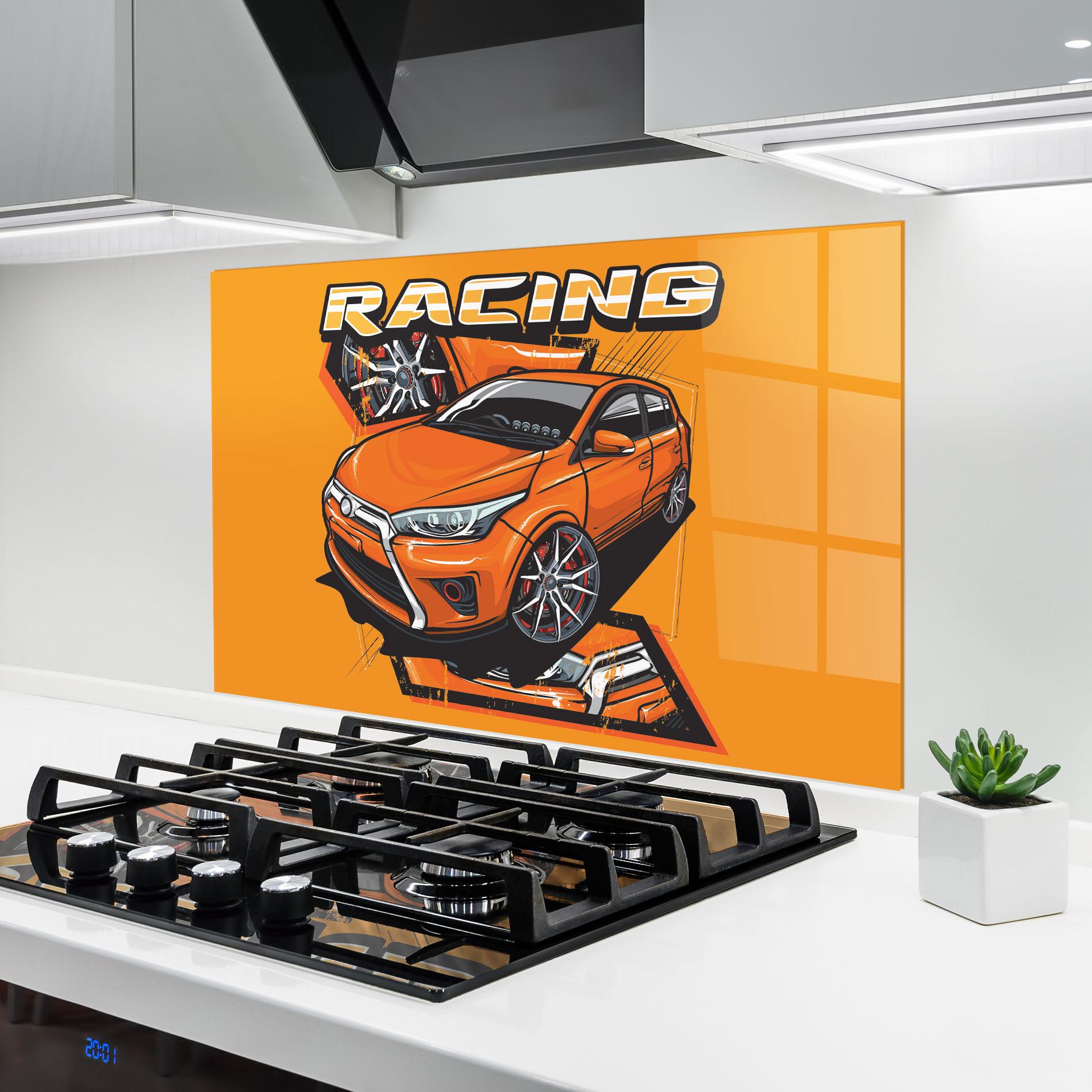 Konyhai üveg hátfal Racing Orange Car mockup 6