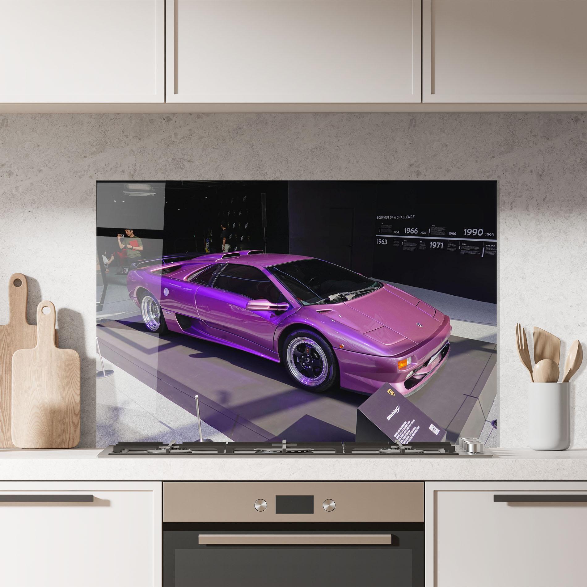 Konyhai üveg hátfal Purple Lambo mockup 7