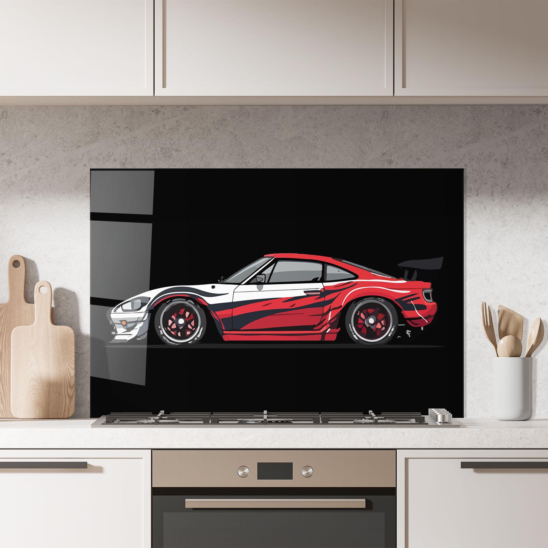 Konyhai üveg hátfal Red White Sport Car mockup 7