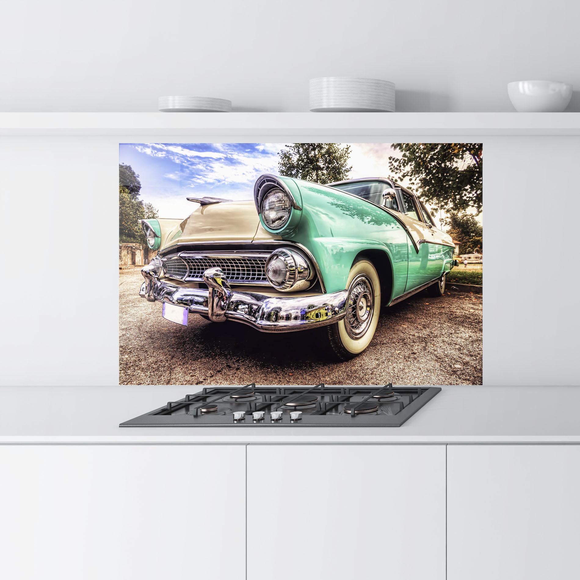 Konyhai üveg hátfal Green Vintage Car mockup 9