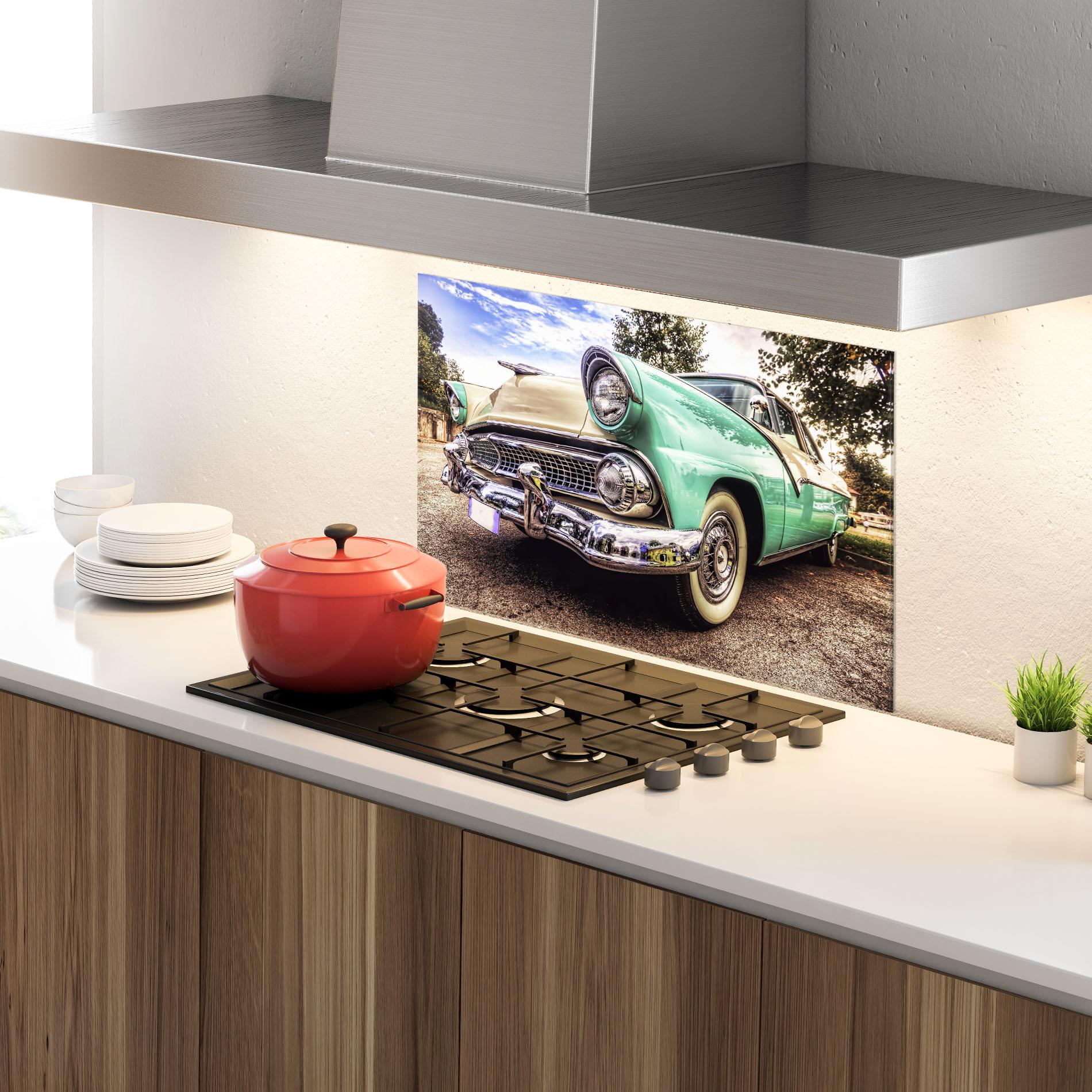 Konyhai üveg hátfal Green Vintage Car mockup 4