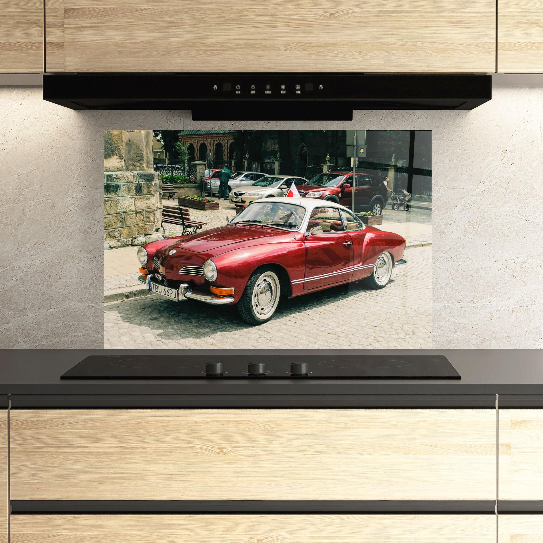 Konyhai üveg hátfal Car Old Red mockup 3