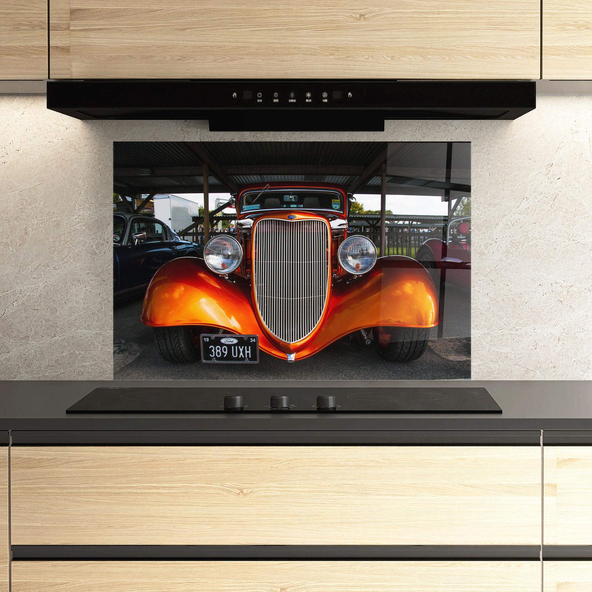Konyhai üveg hátfal Orange Classic Car mockup 3