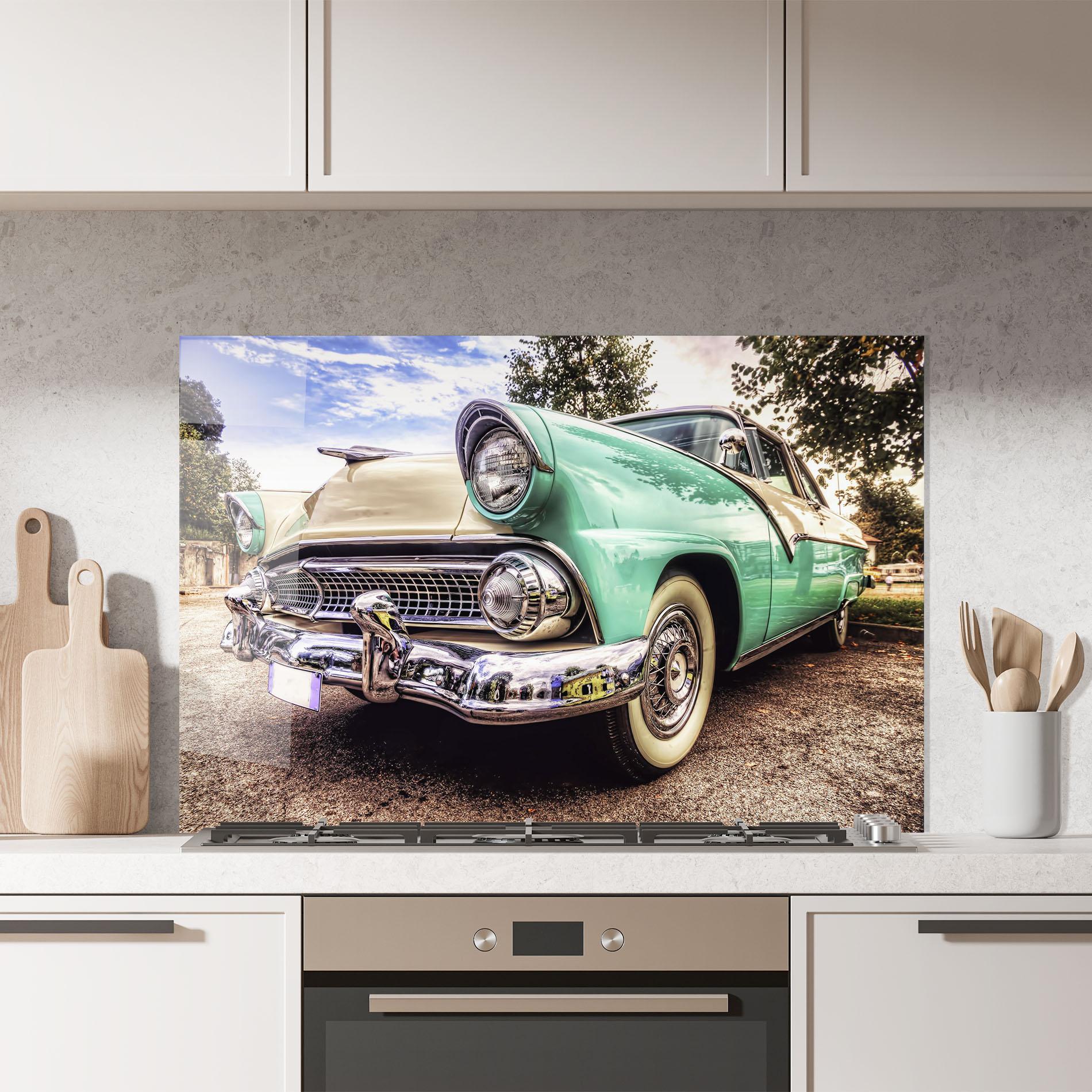 Konyhai üveg hátfal Green Vintage Car mockup 7