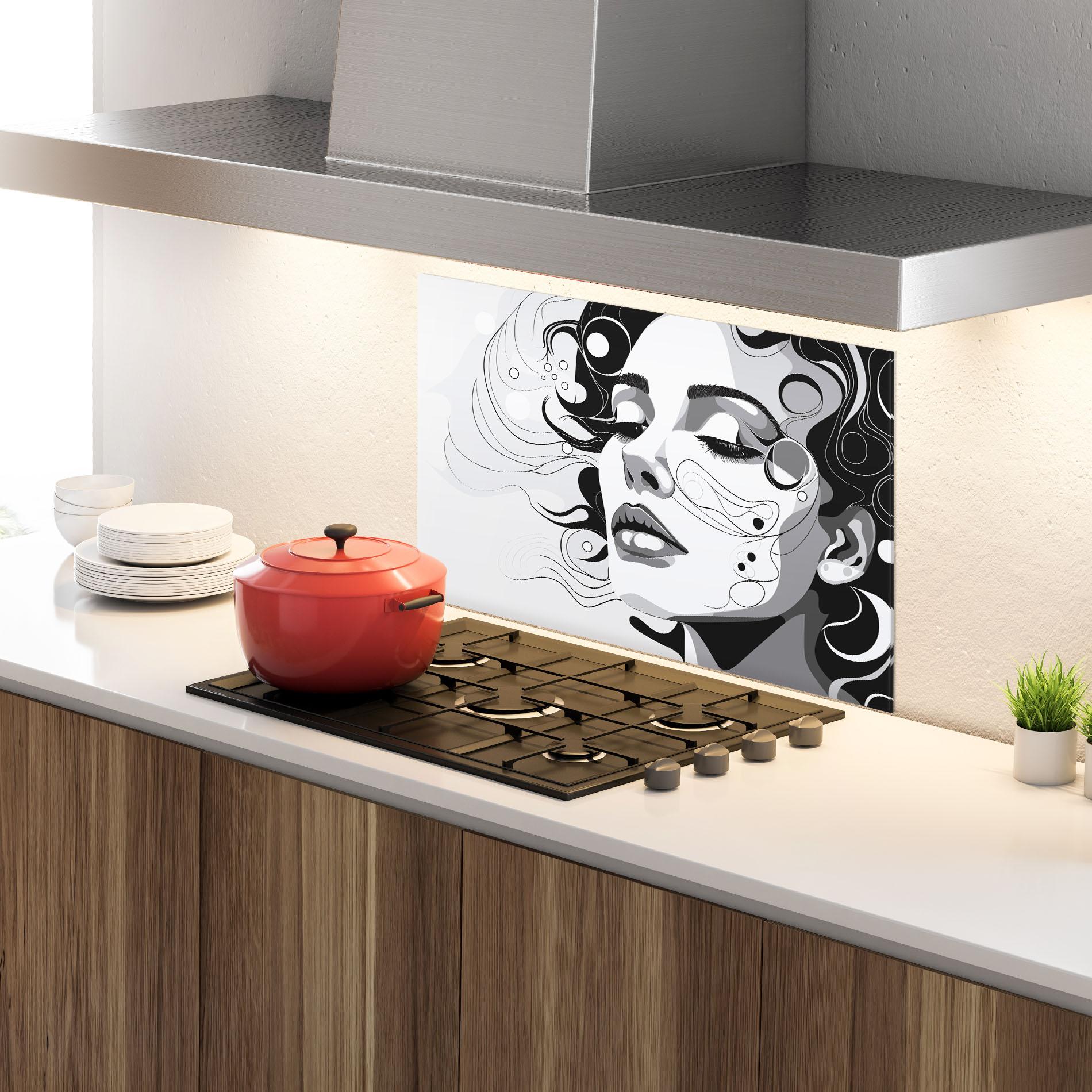 Konyhai üveg hátfal Grey Face Woman mockup 4