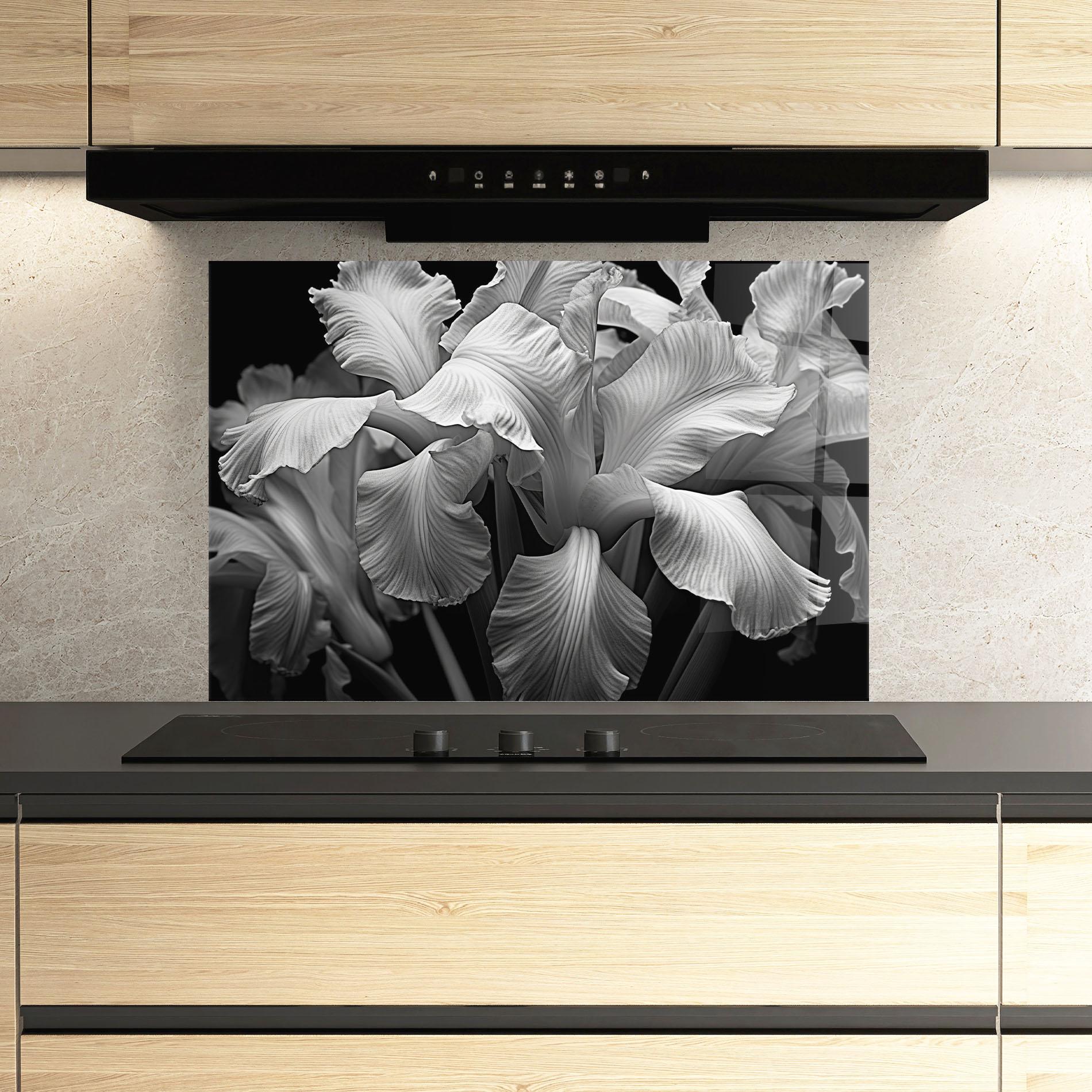 Konyhai üveg hátfal Grey On Black Iris mockup 3