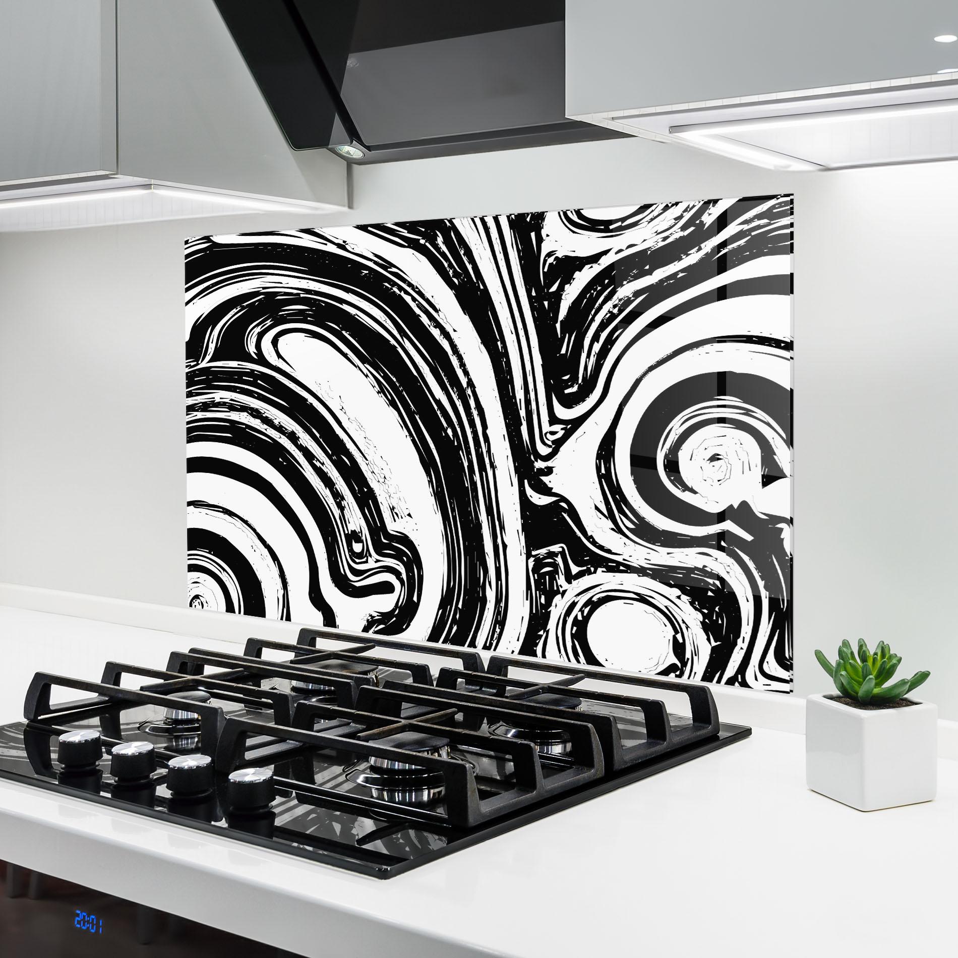 Konyhai üveg hátfal Black Liquid White mockup 6