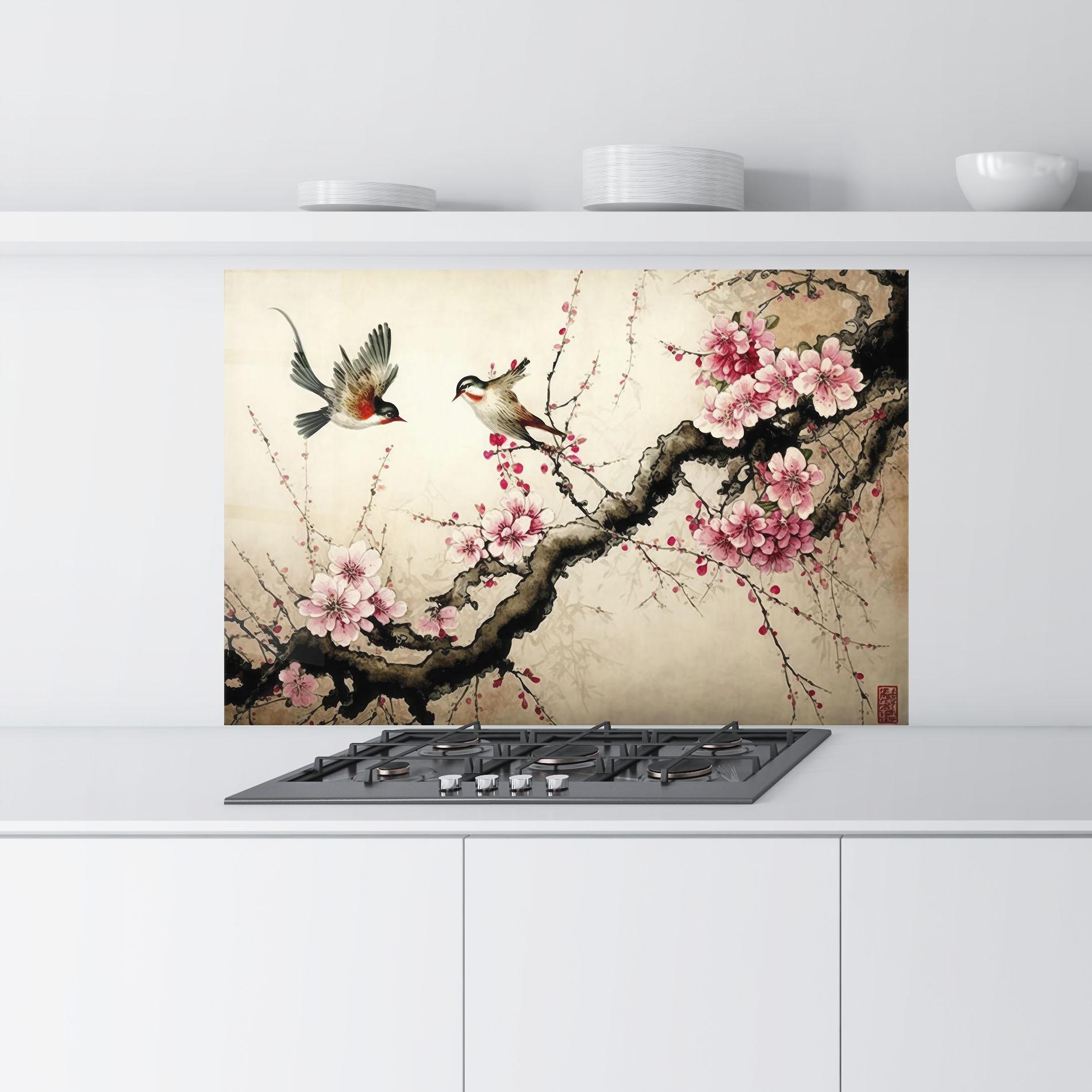 Konyhai üveg hátfal Cherry Blossom Birds mockup 9