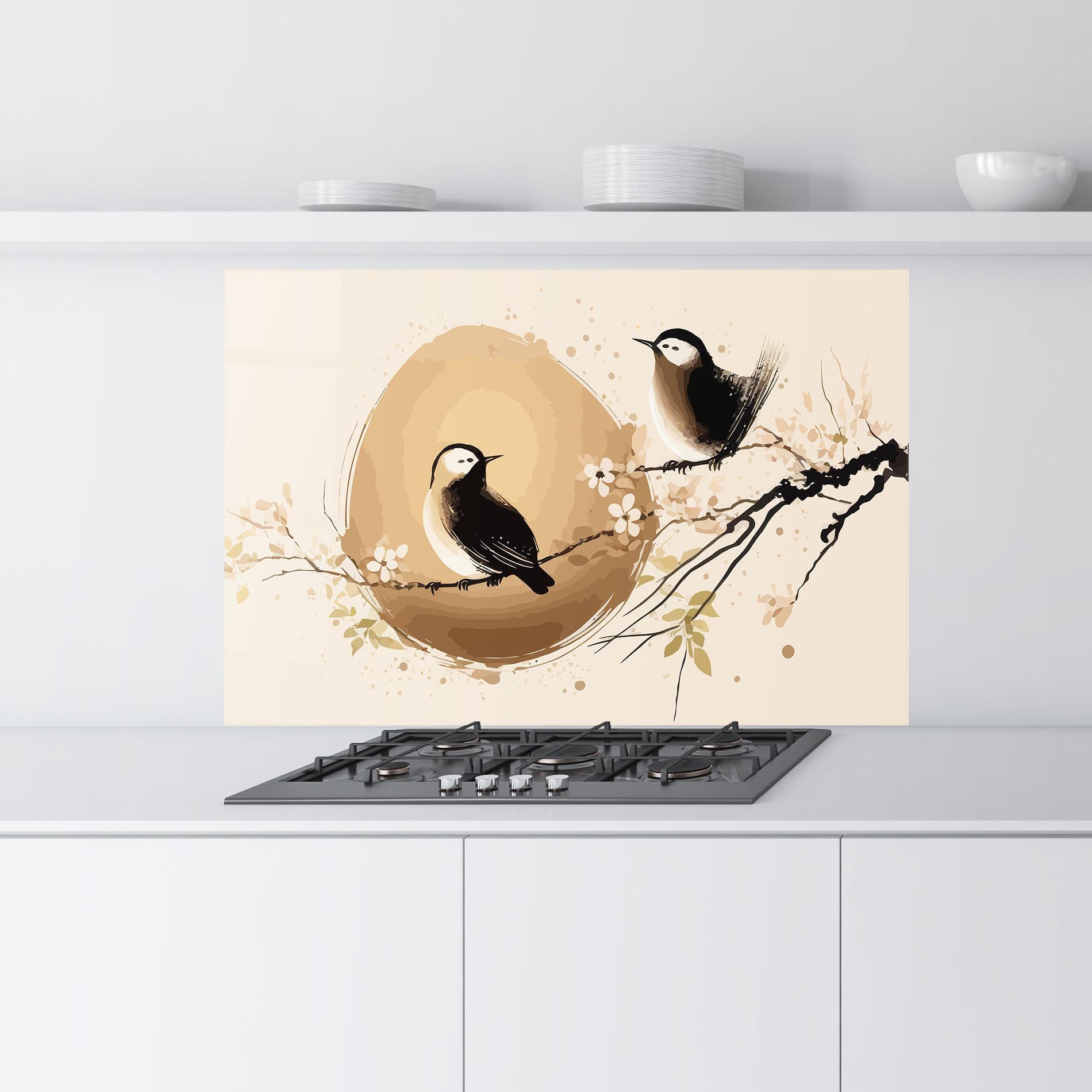 Konyhai üveg hátfal Cream Blossoms Bird mockup 9