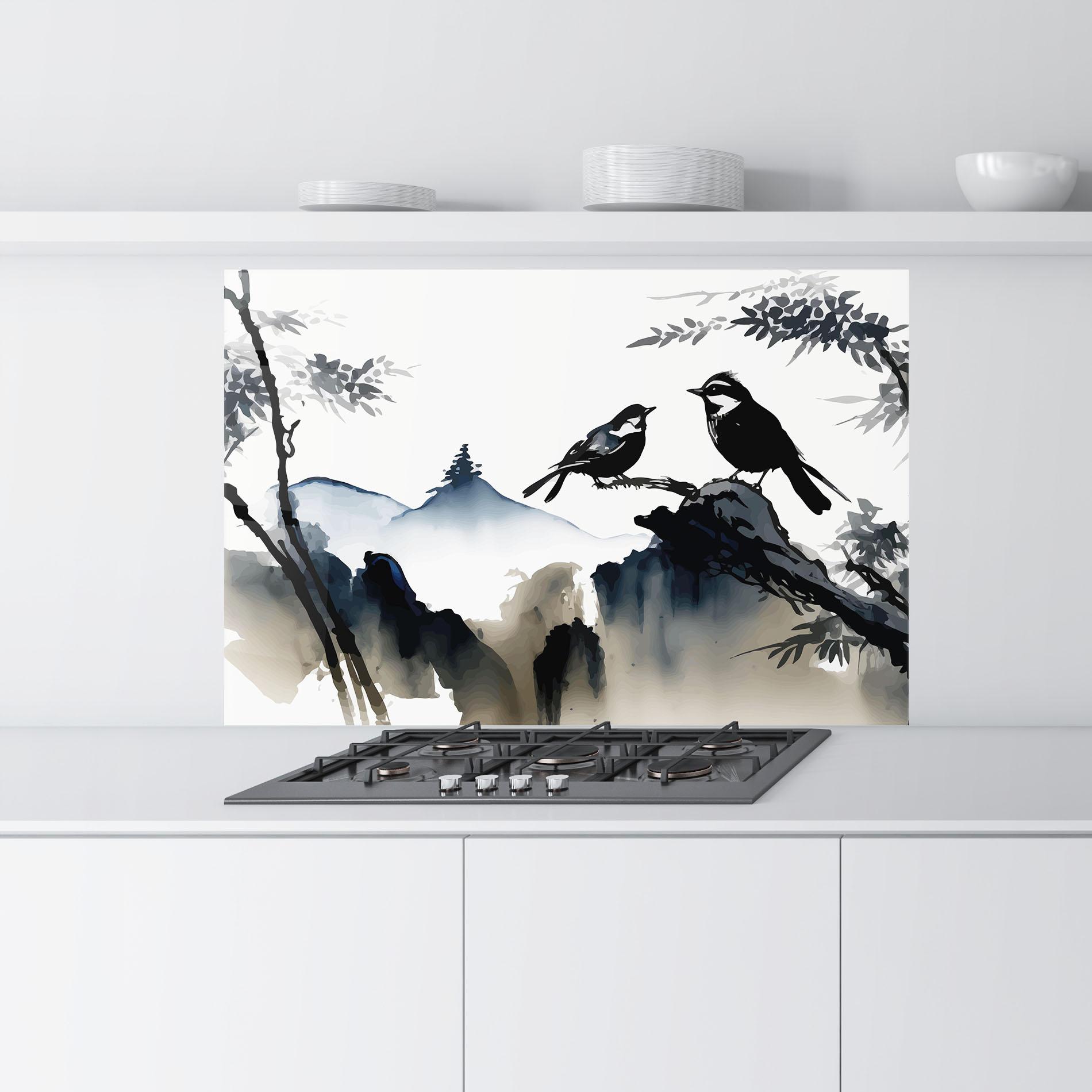 Konyhai üveg hátfal Cream Blue Mountain Bird mockup 9