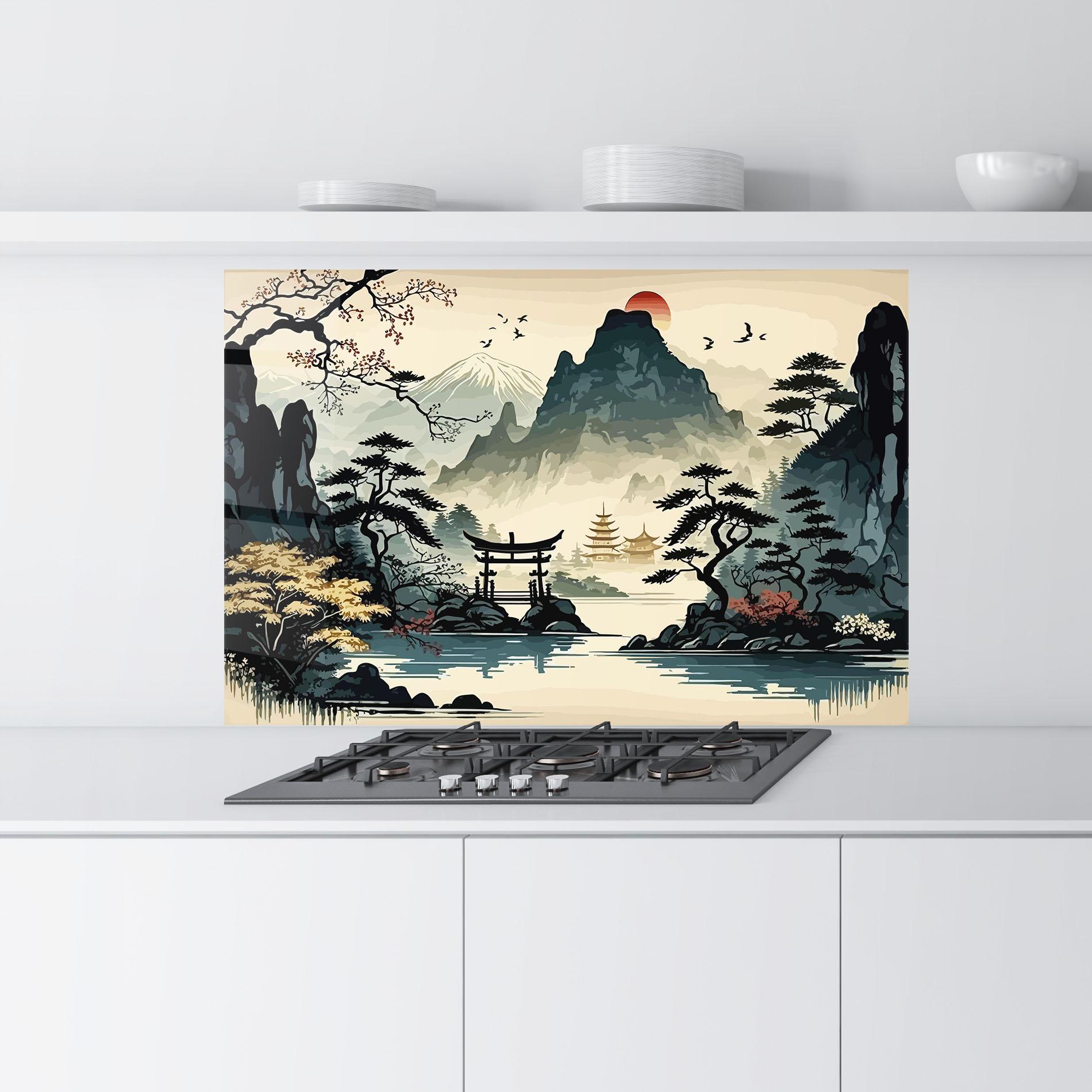 Konyhai üveg hátfal Cream Chinese Mountain mockup 9