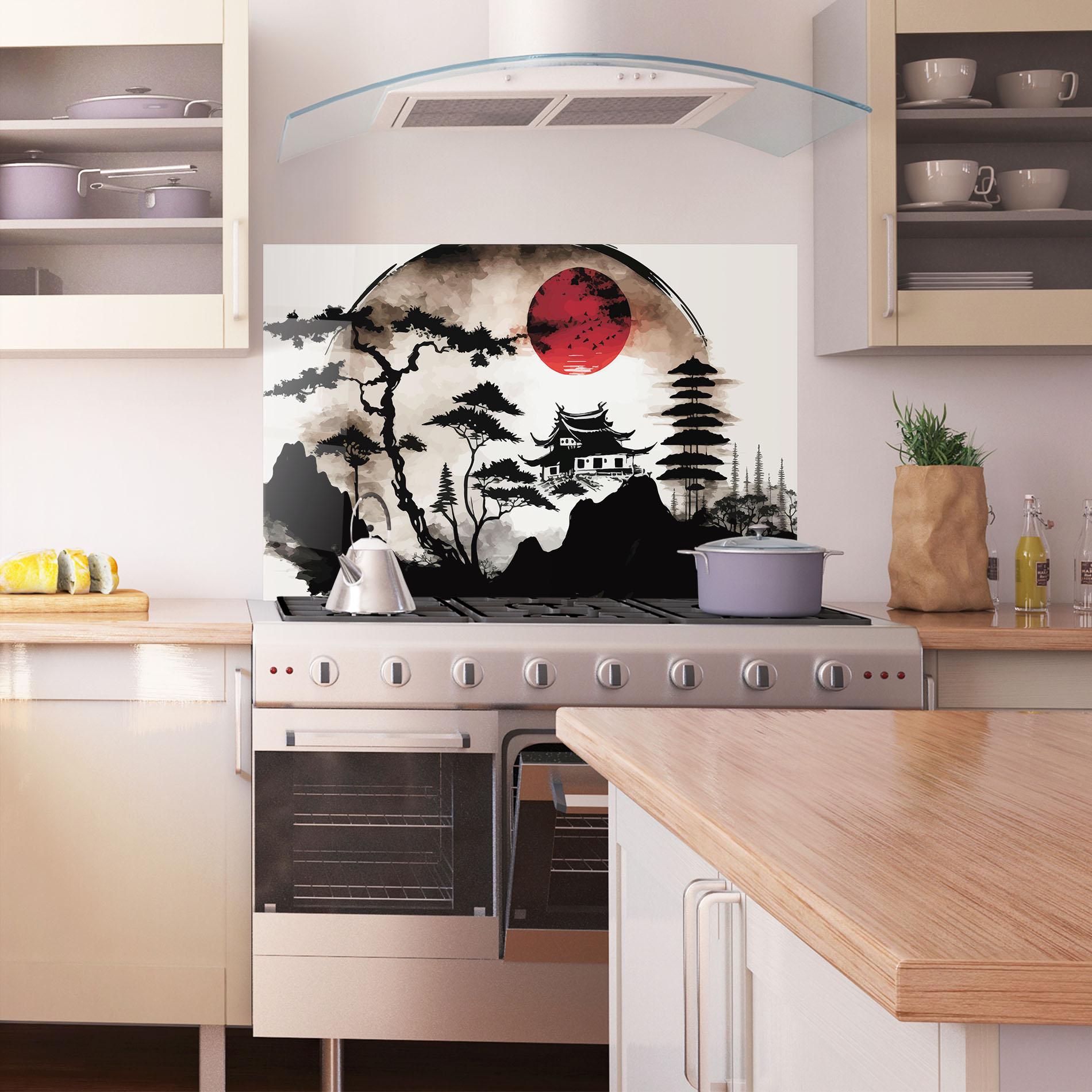 Konyhai üveg hátfal Asian Red Moon mockup 1
