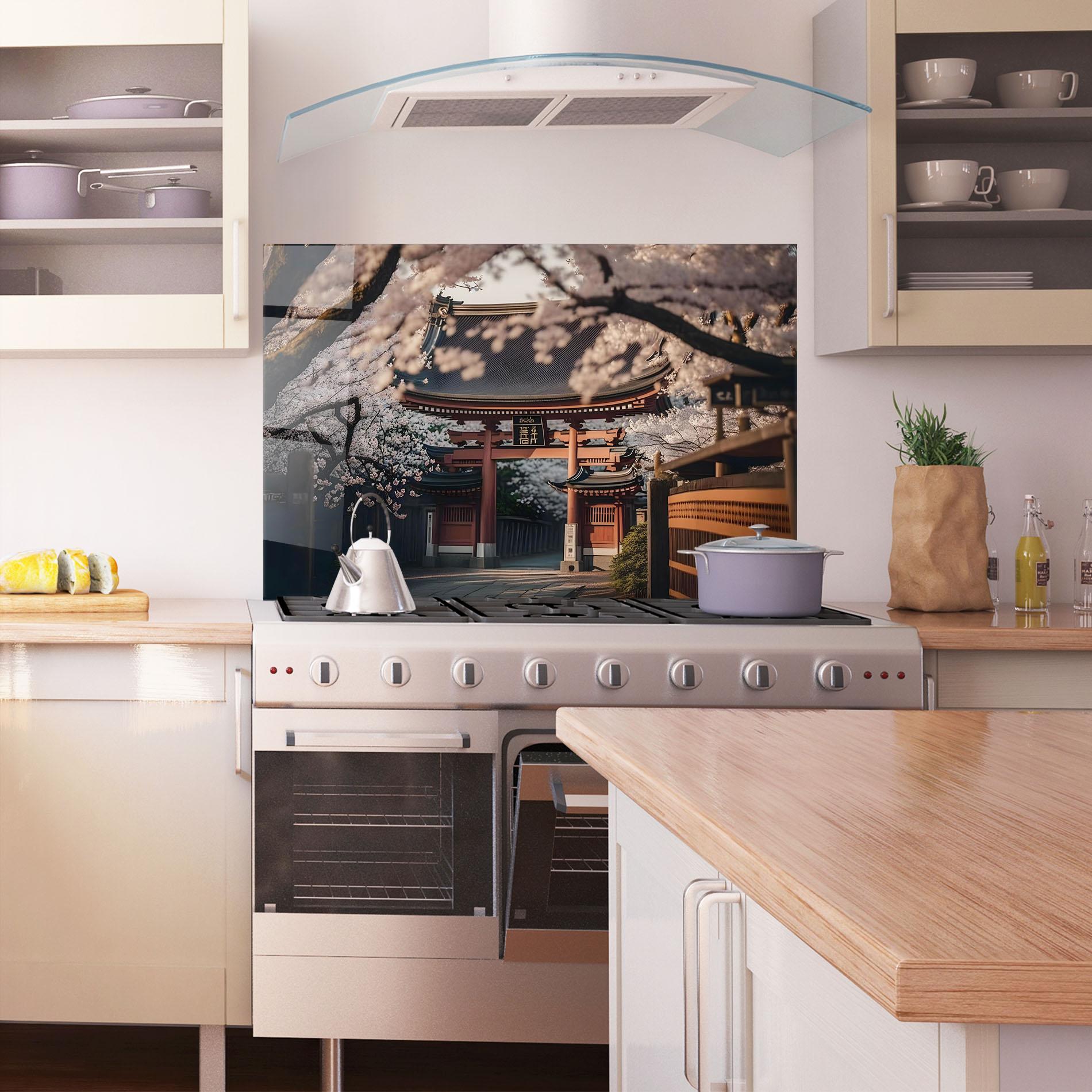 Konyhai üveg hátfal Cherry Blossom Garden mockup 1