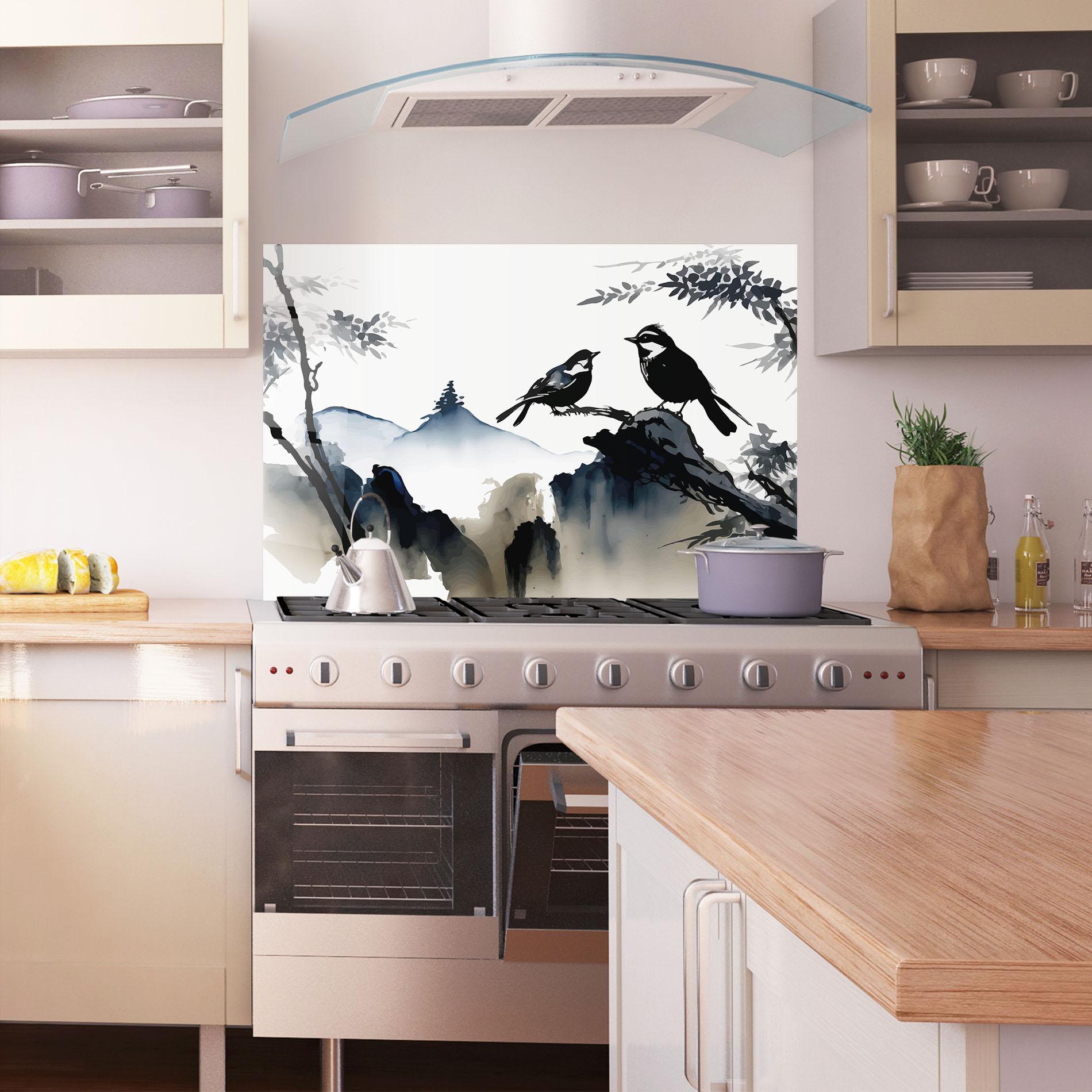 Konyhai üveg hátfal Cream Blue Mountain Bird mockup 1