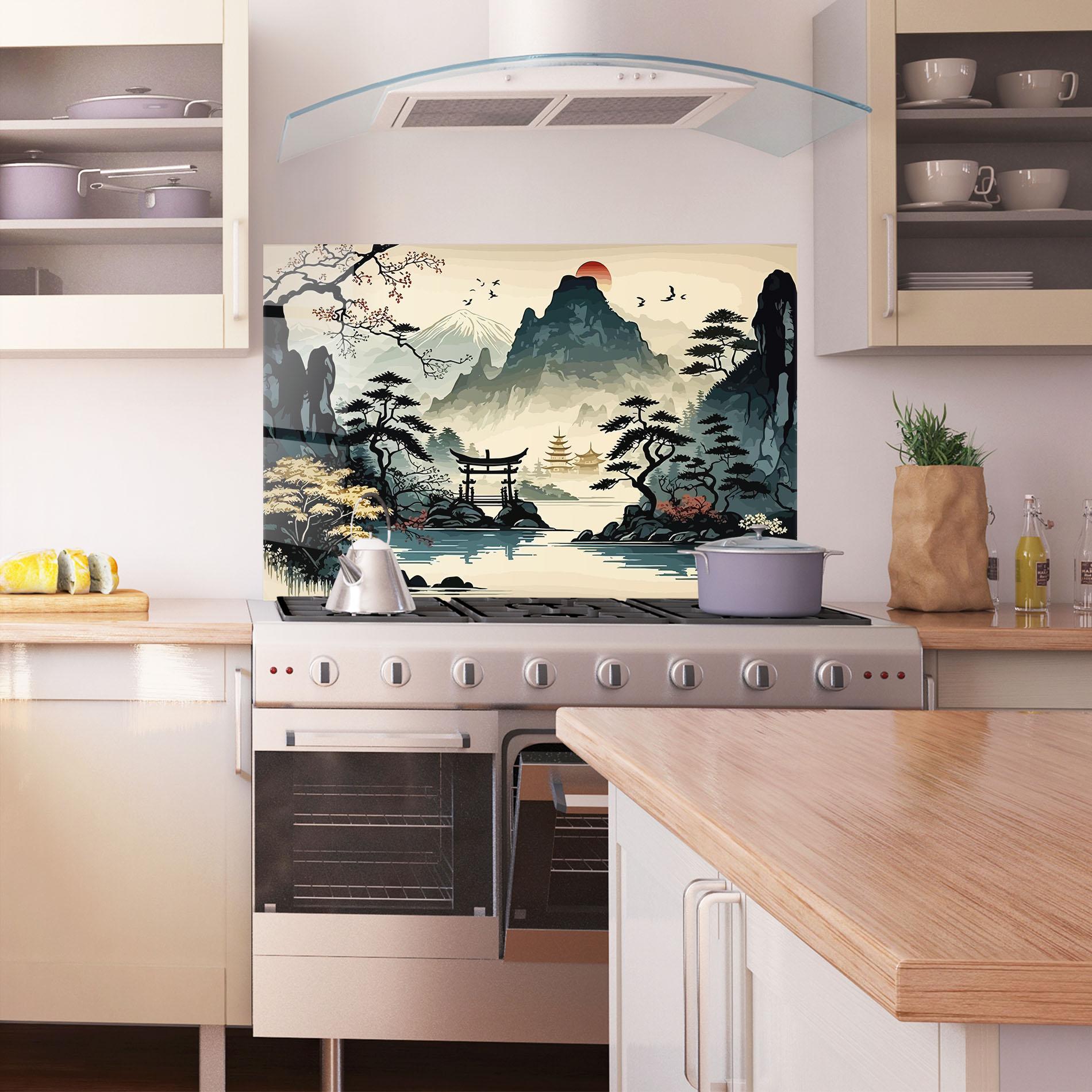 Konyhai üveg hátfal Cream Chinese Mountain mockup 1
