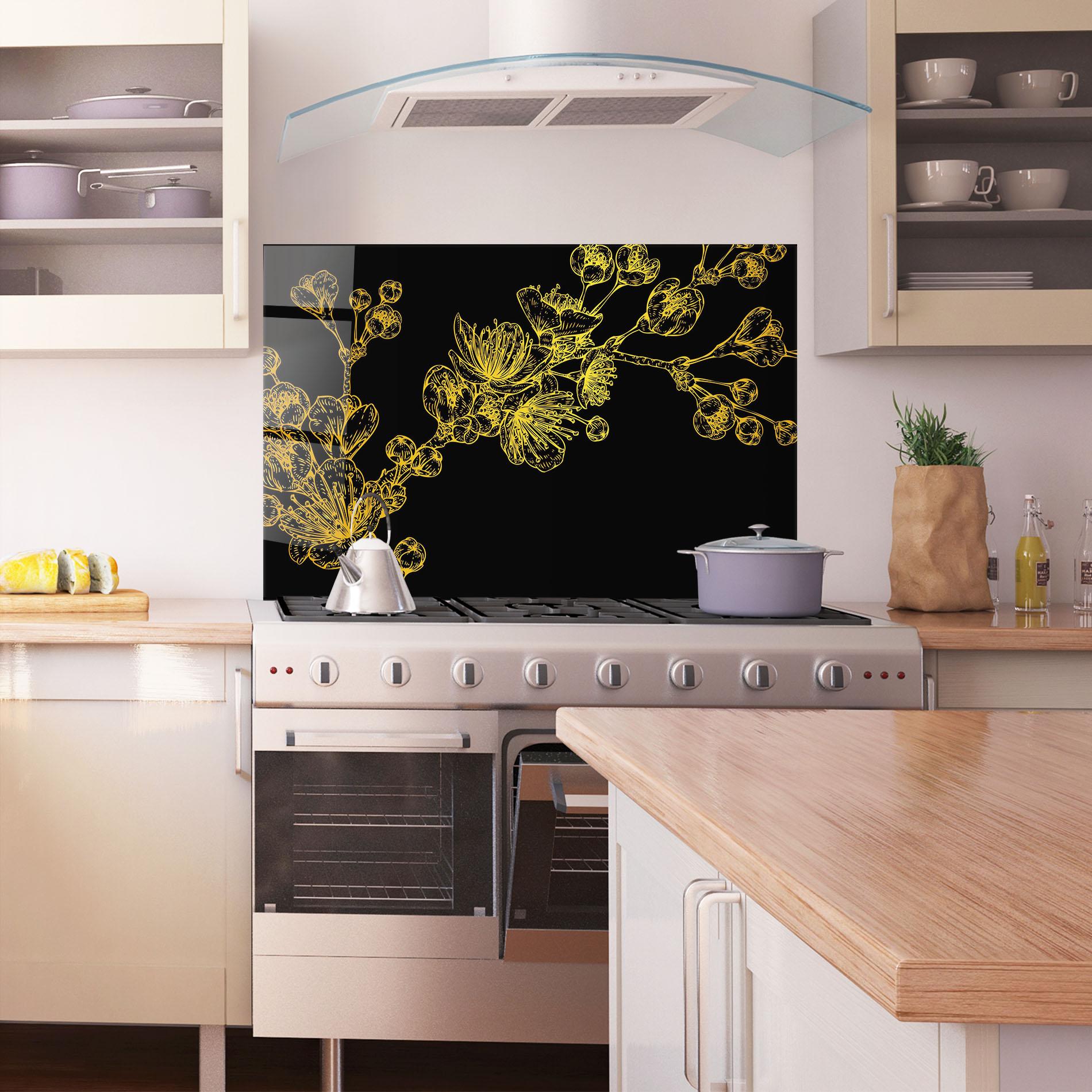 Konyhai üveg hátfal Gold Blossom Flower mockup 1