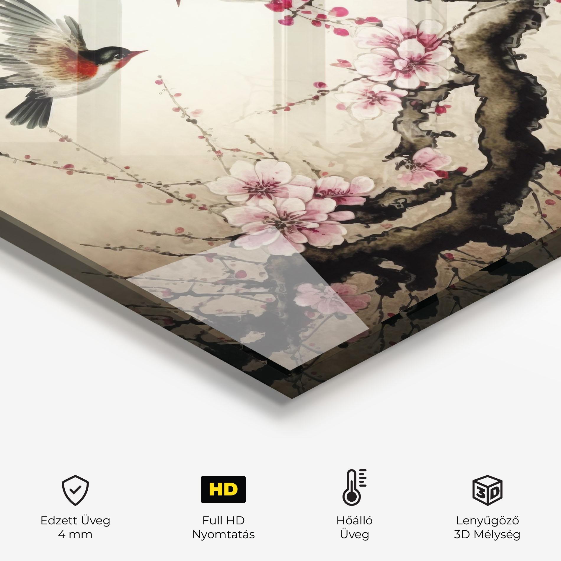 Konyhai üveg hátfal Cherry Blossom Birds mockup 2