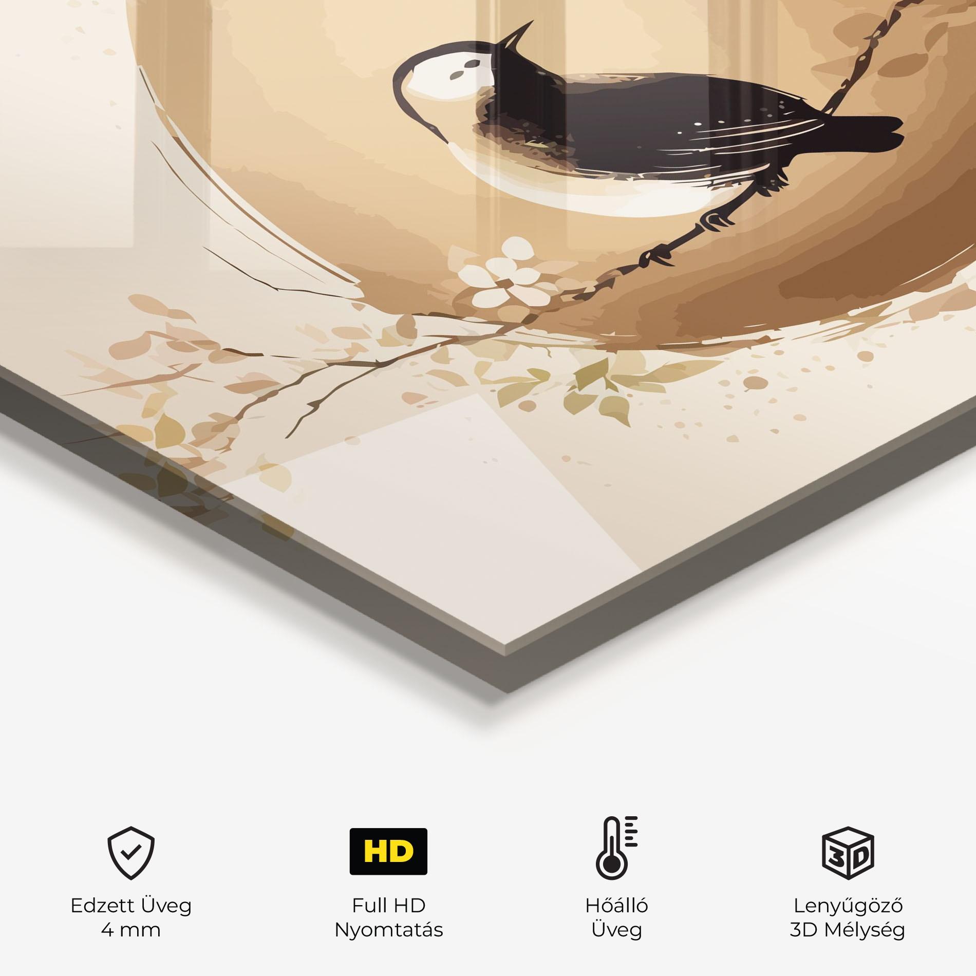 Konyhai üveg hátfal Cream Blossoms Bird mockup 2