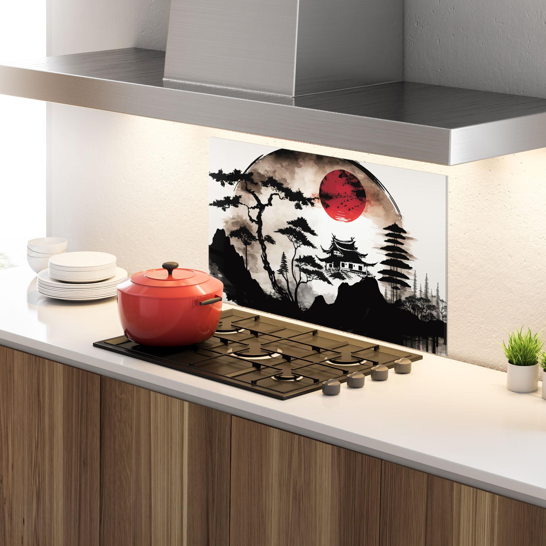 Konyhai üveg hátfal Asian Red Moon mockup 4