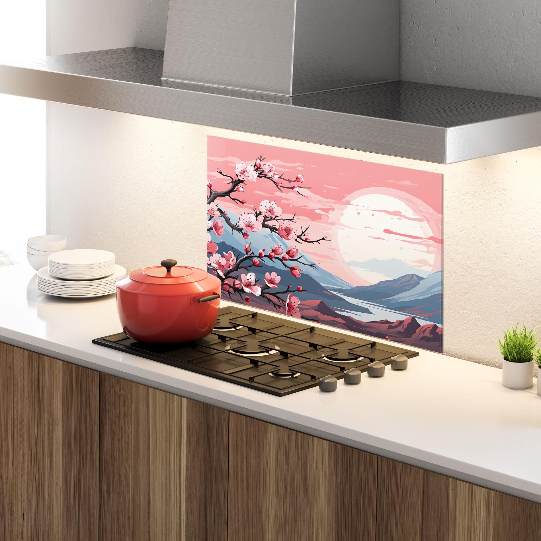 Konyhai üveg hátfal Chinese Cherry Blossoms mockup 4