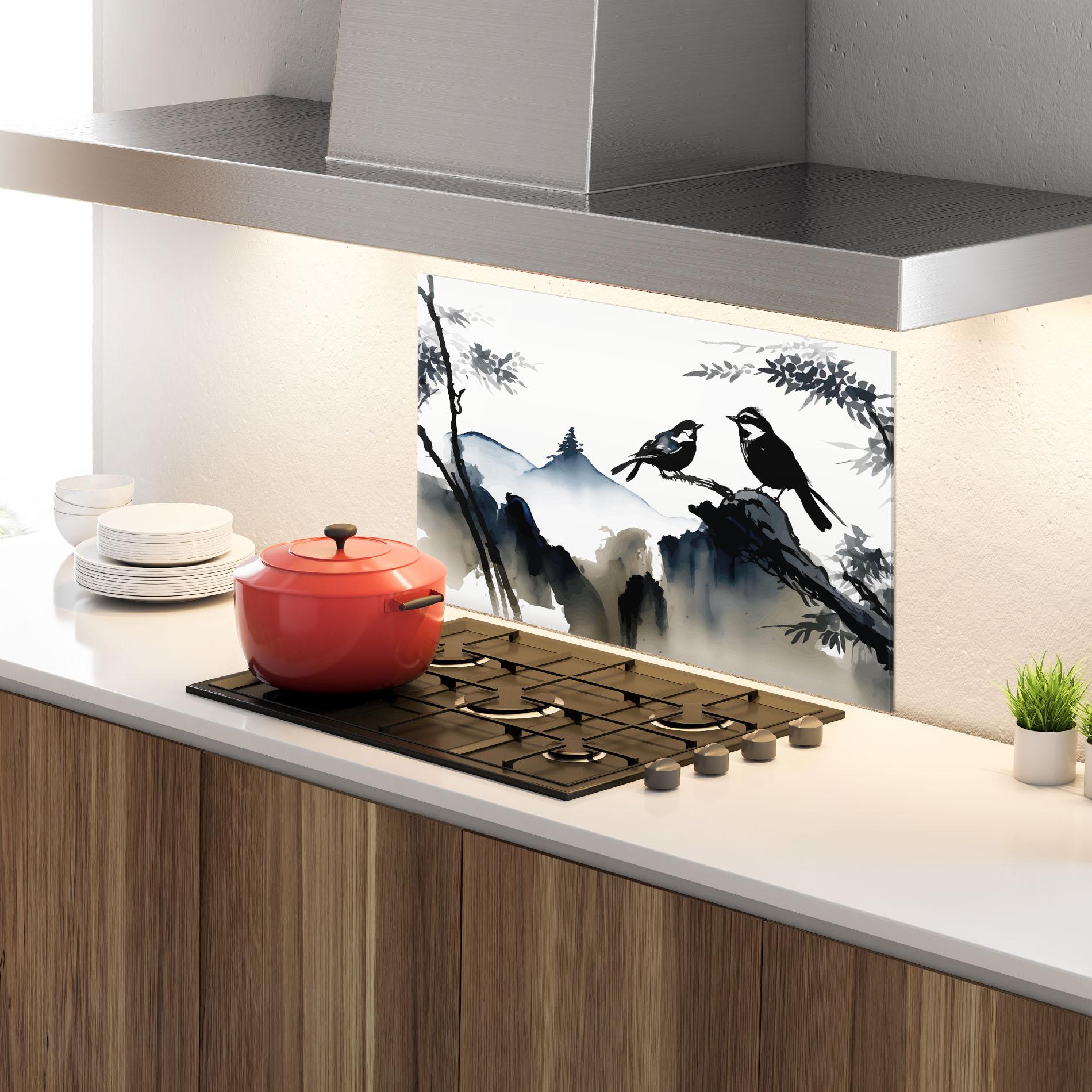 Konyhai üveg hátfal Cream Blue Mountain Bird mockup 4