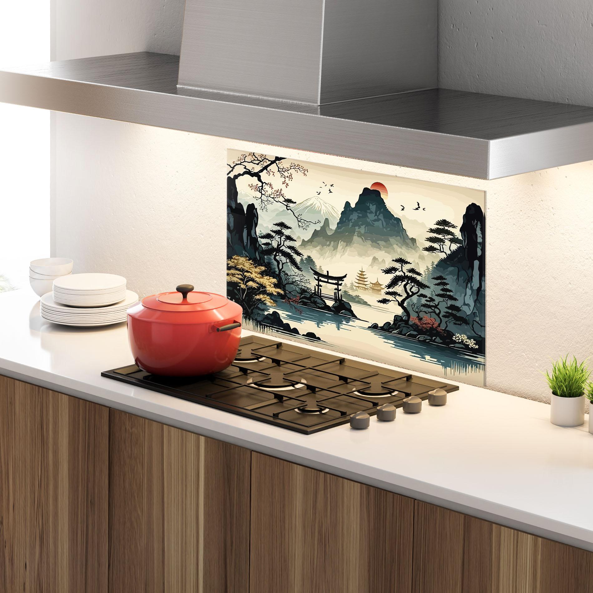 Konyhai üveg hátfal Cream Chinese Mountain mockup 4