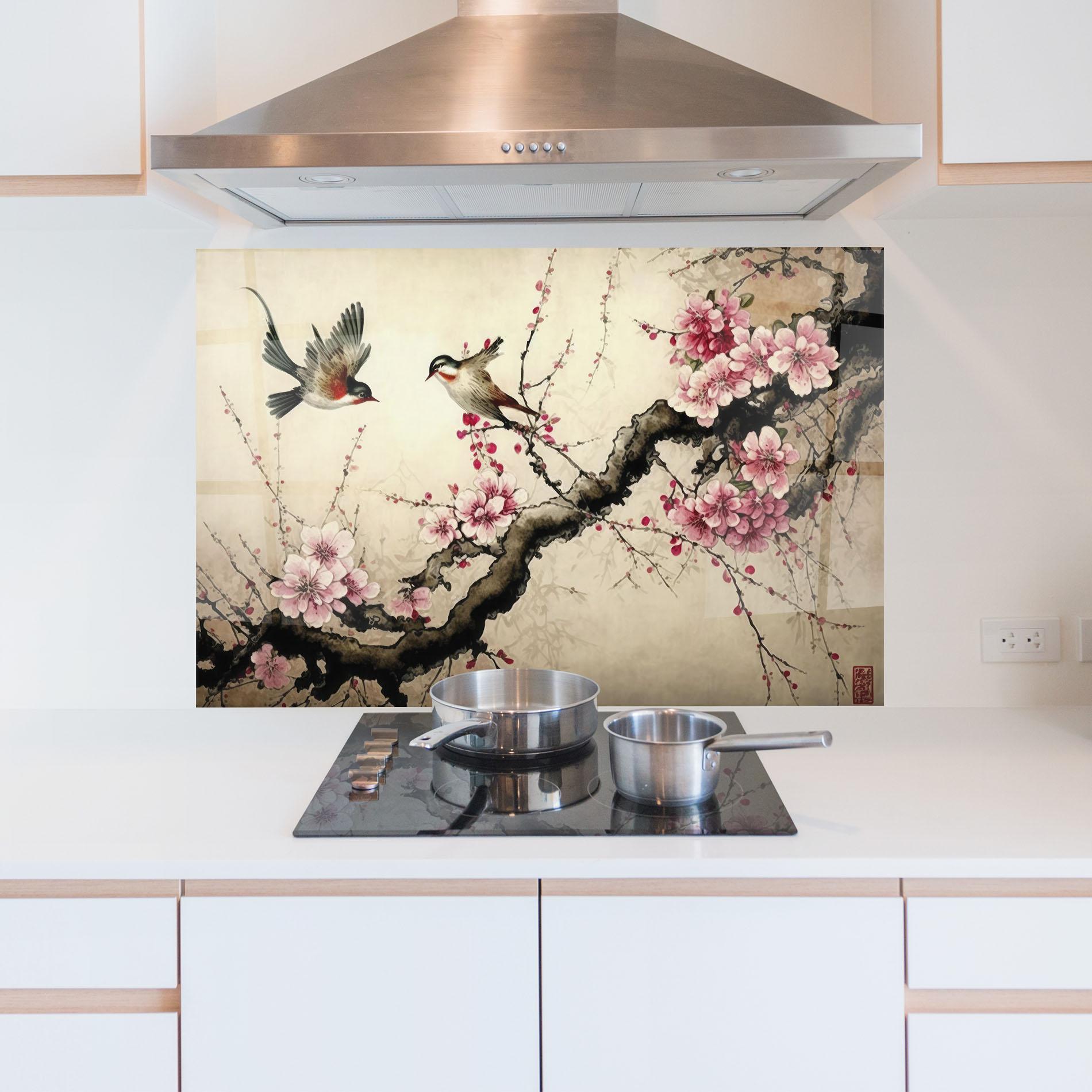 Konyhai üveg hátfal Cherry Blossom Birds mockup 5