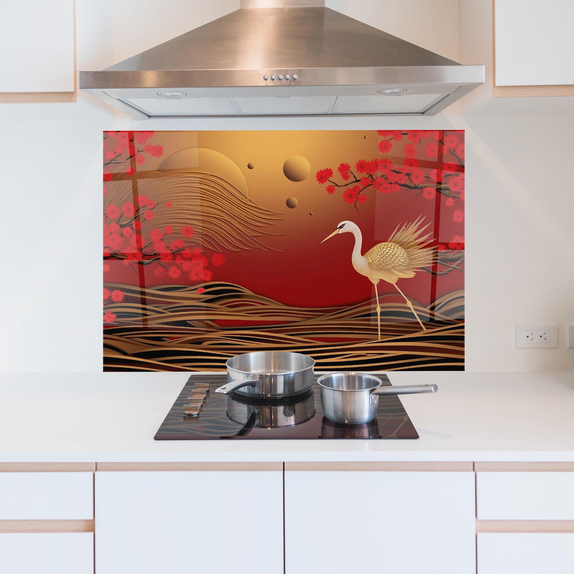 Konyhai üveg hátfal Chinese Bird On Red Gold mockup 5